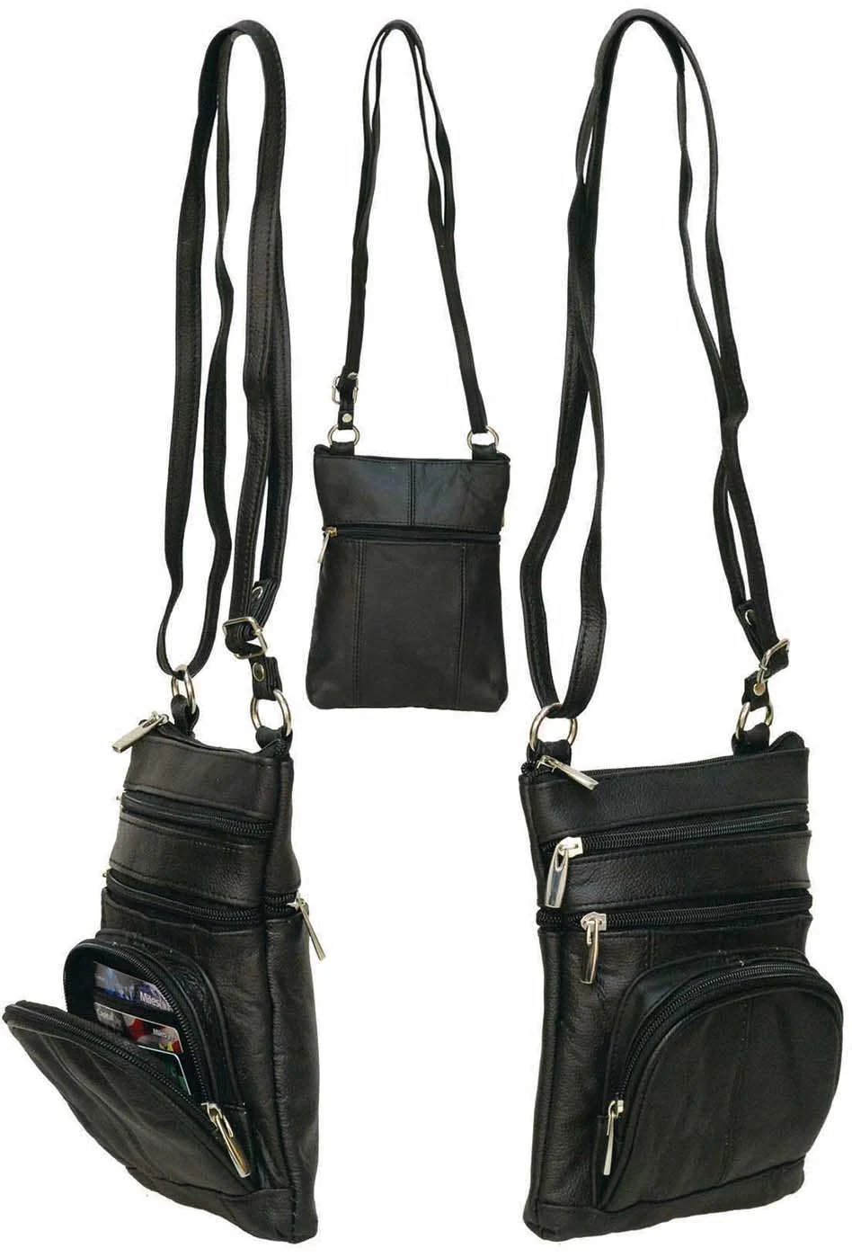 9'' Large Black Leather Side Bag Purse w/Organizer Front Pocket #P004K - Image 3