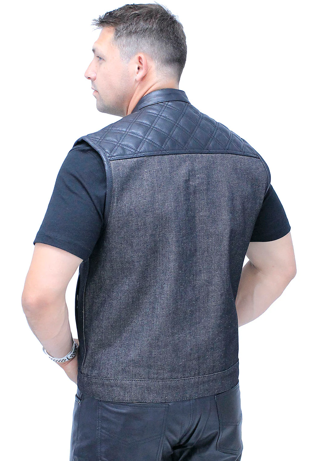 Black Denim Leather Quilt Concealed Pockets Club Vest #VM6676DGQK - Image 2