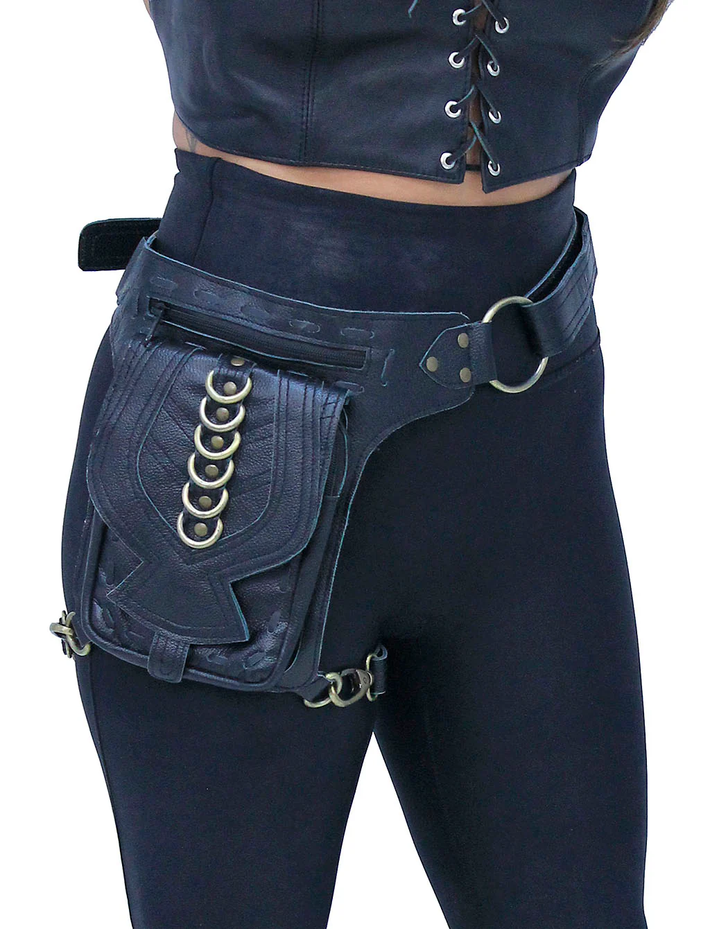 Black Heavy Leather Multi-D-Ring Thigh Bag Waistbag #TB70150DK