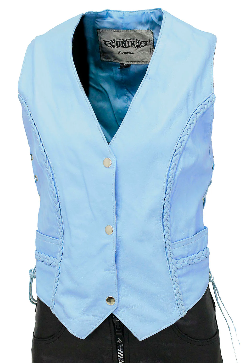 Blue Braid Trim Side Lace Leather Vest #VL2215BU () - Image 3
