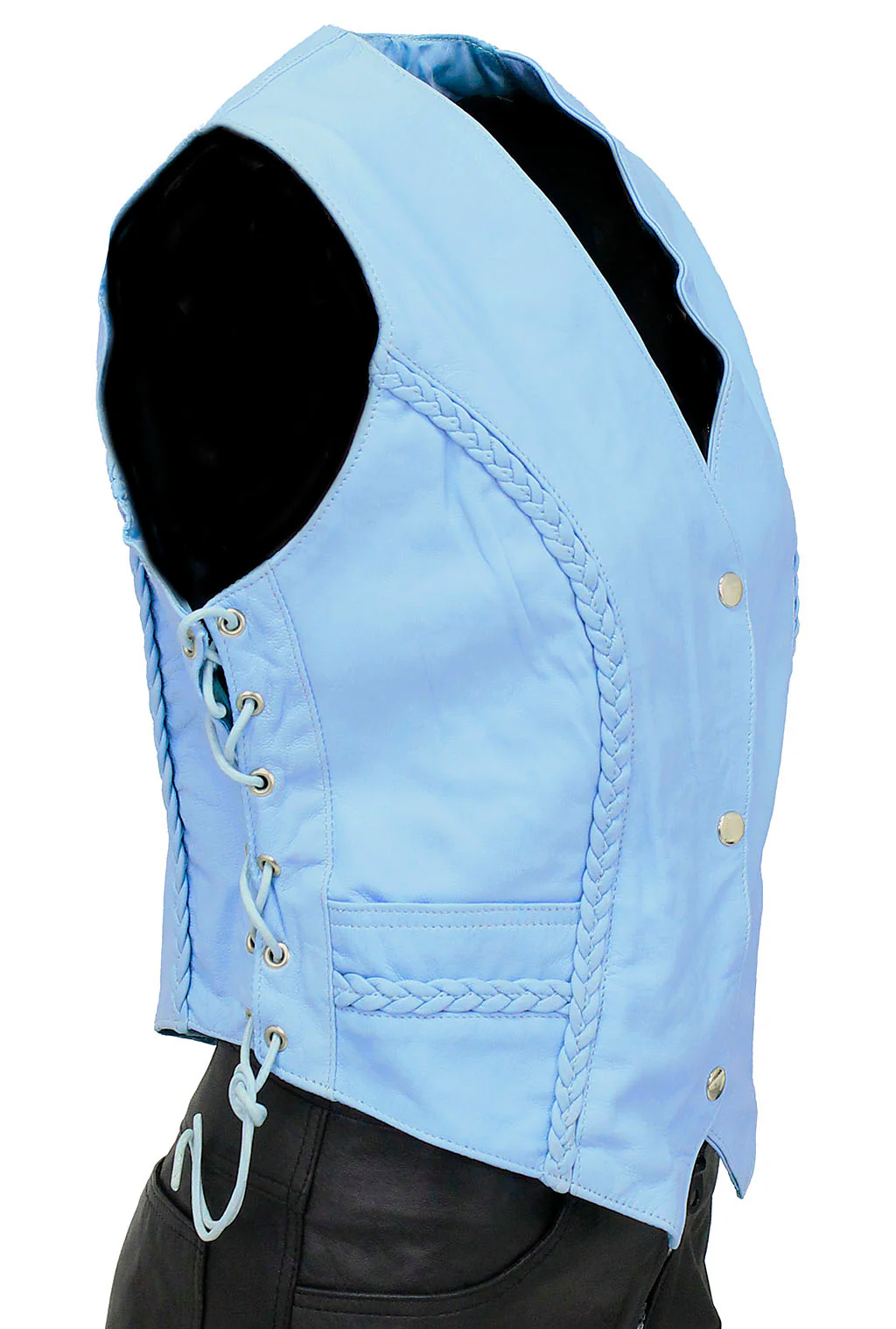 Blue Braid Trim Side Lace Leather Vest #VL2215BU () - Image 4