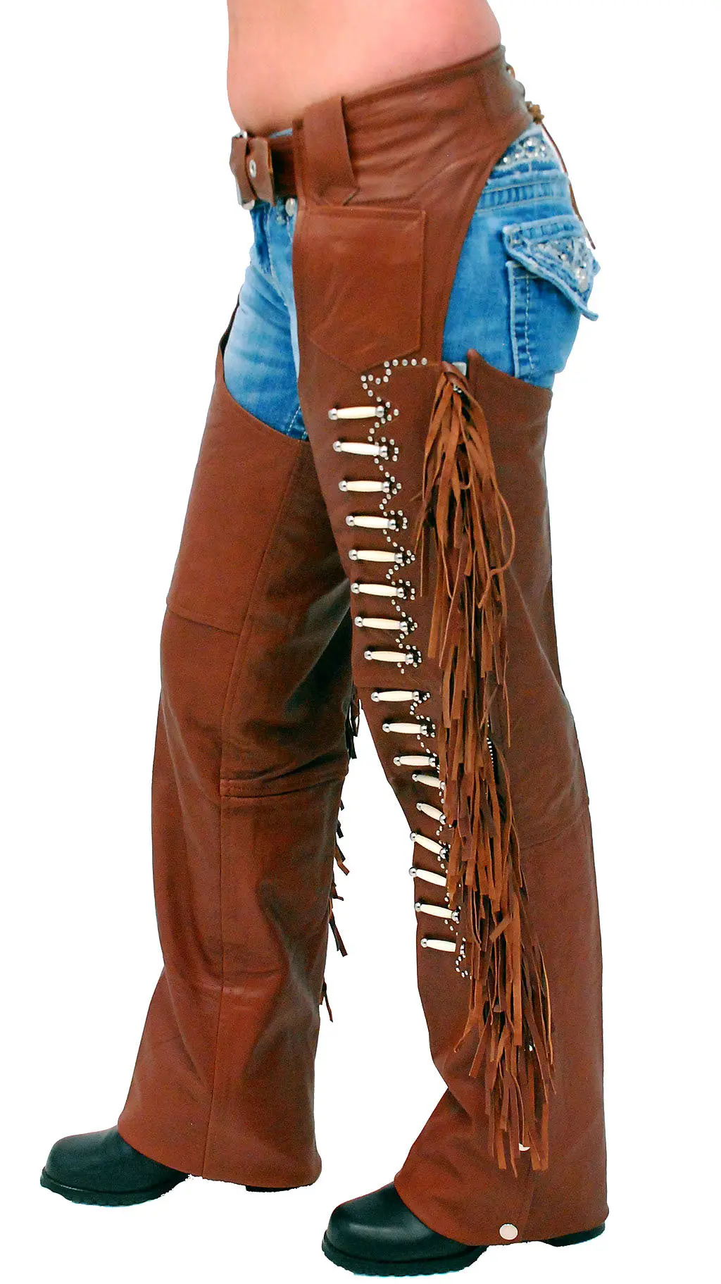 Brown Leather Chaps w/Fringe & Bone Beading #C4300FBN ()