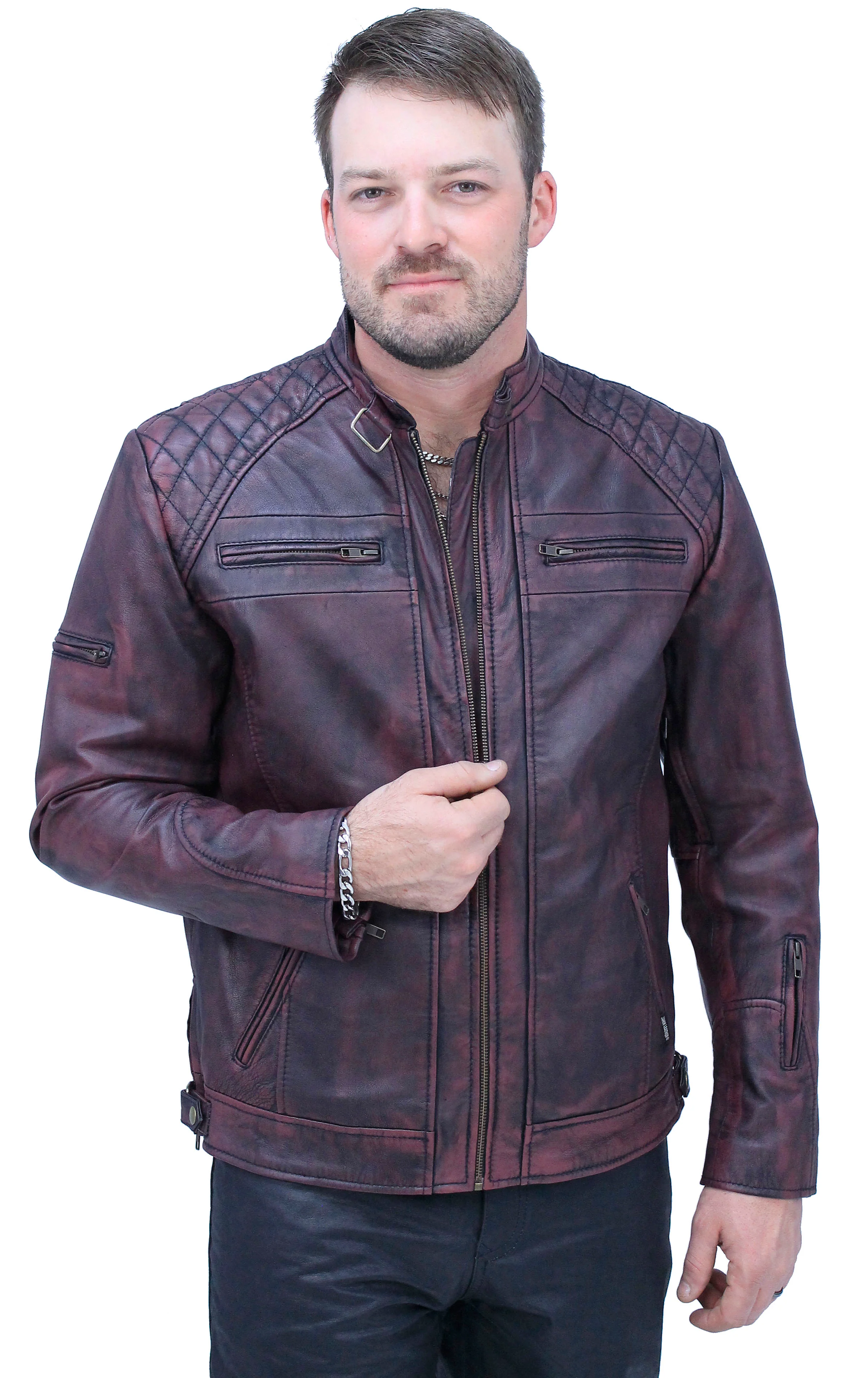 Burgundy Distressed Leather Vented Scooter Jacket CC Pockets #MA2021VQGR - Image 5