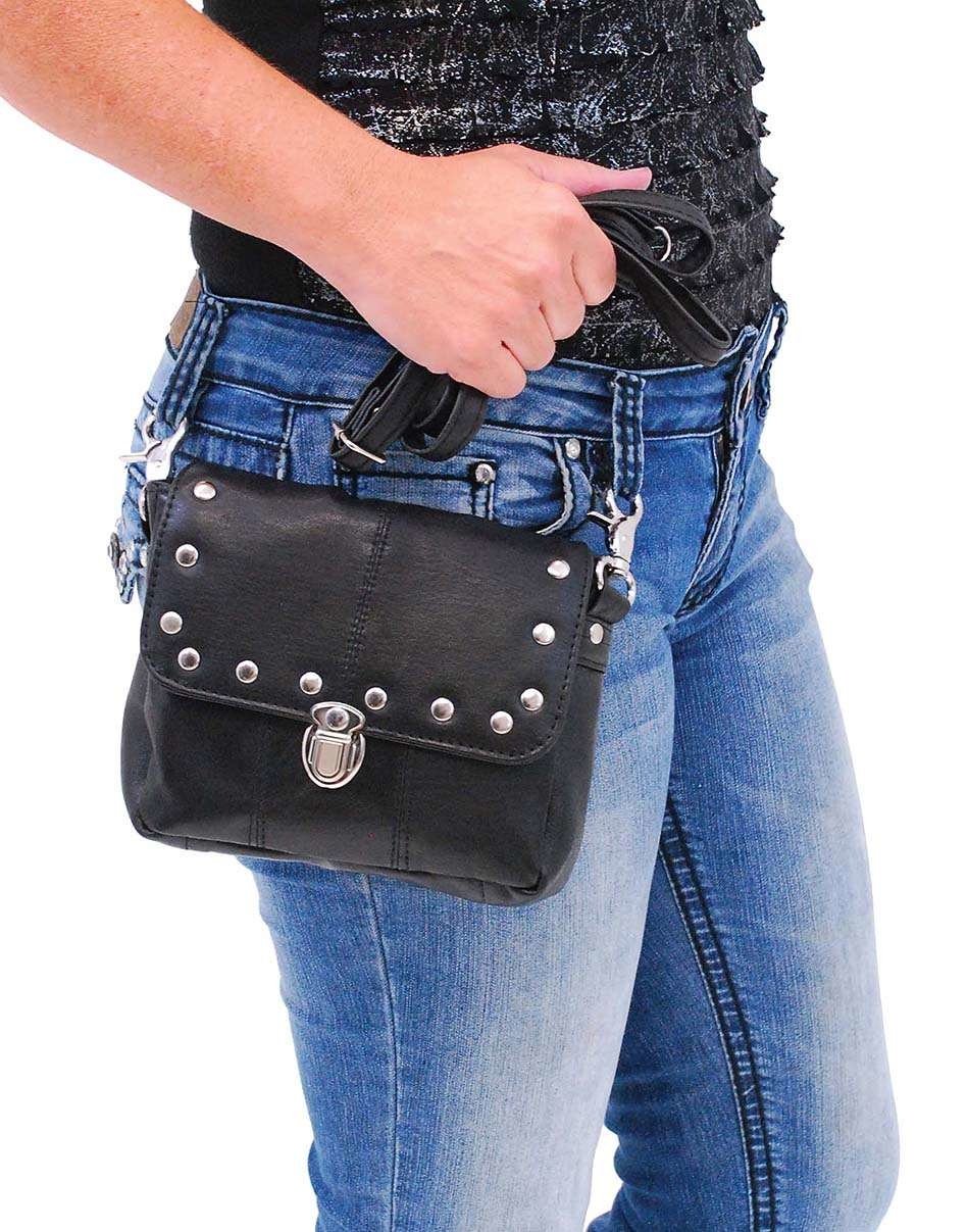 Black Leather Rivet Trim Clip-On Hip Klip Bag #PKK400SK