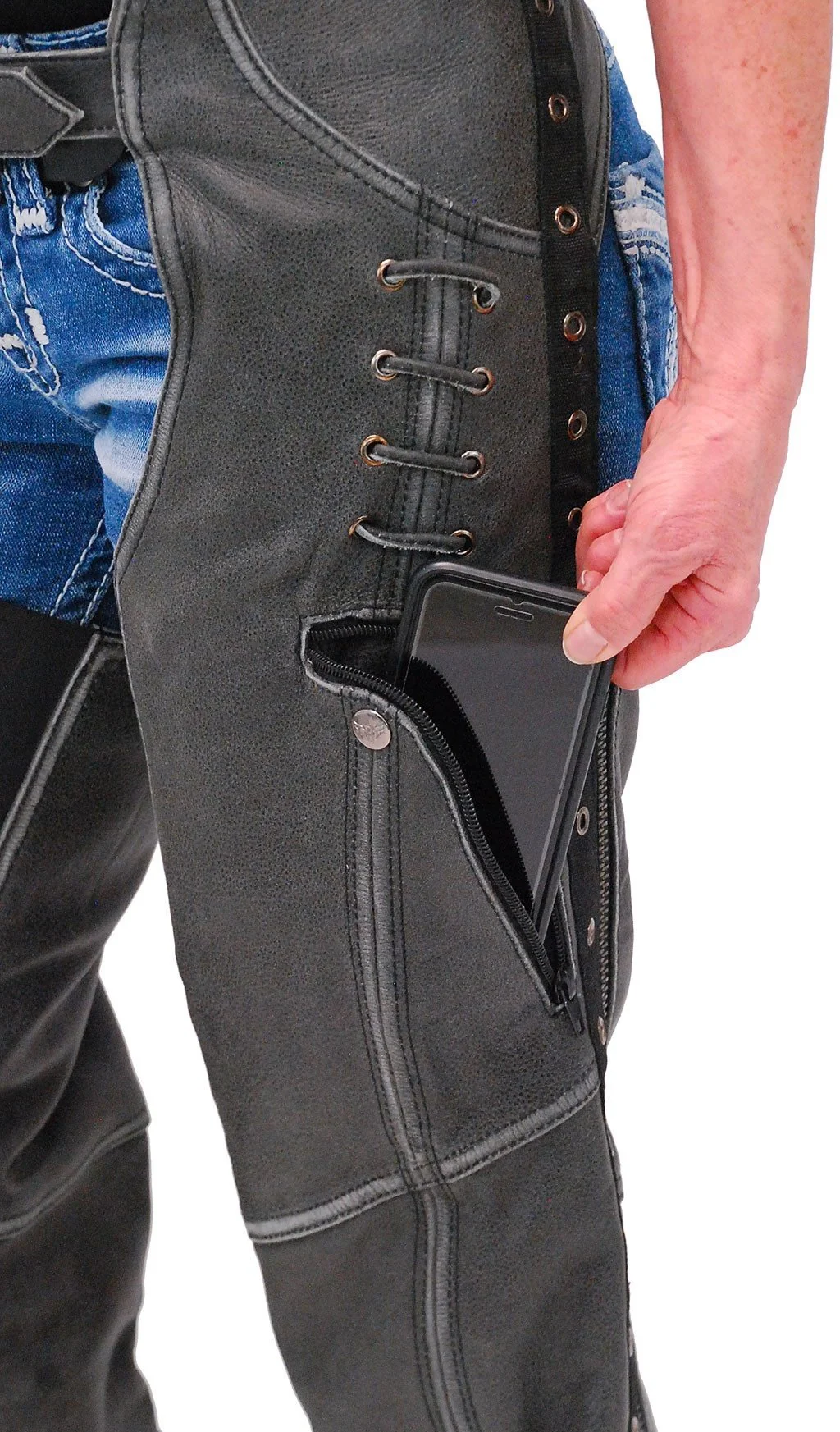 Eyelet Trim Stretch Thigh Vintage Gray Leather Chaps w/Zip Pocket #CL6536EYGY - Image 3