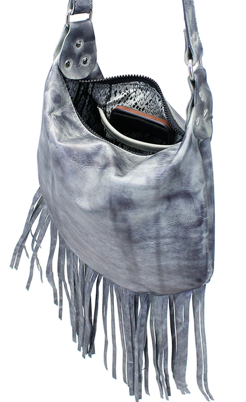 Hand Antiqued Fringed Leather Hobo Purse #PA23033FGY () - Image 2