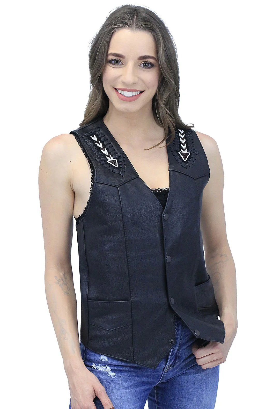 Hand Lace and Indian Bead Inlay Leather Vest #VM641BDK () - Image 2