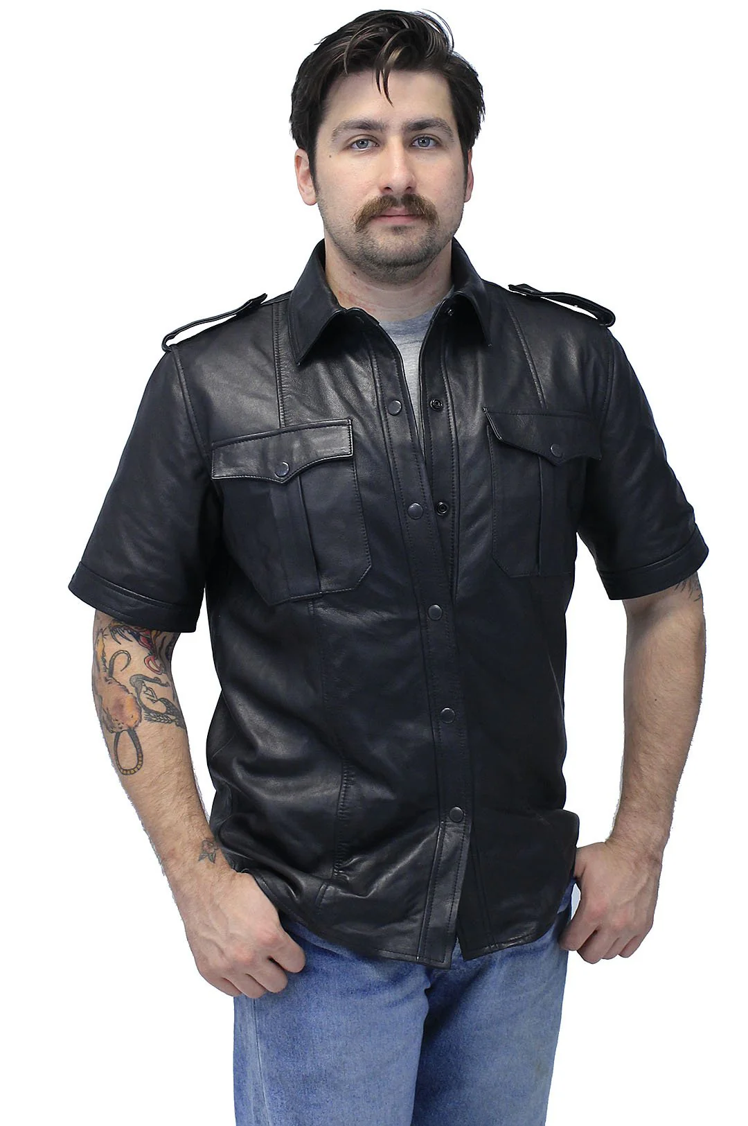 Lambskin Short Sleeve Uniform Leather Shirt #MS2300K - Image 3
