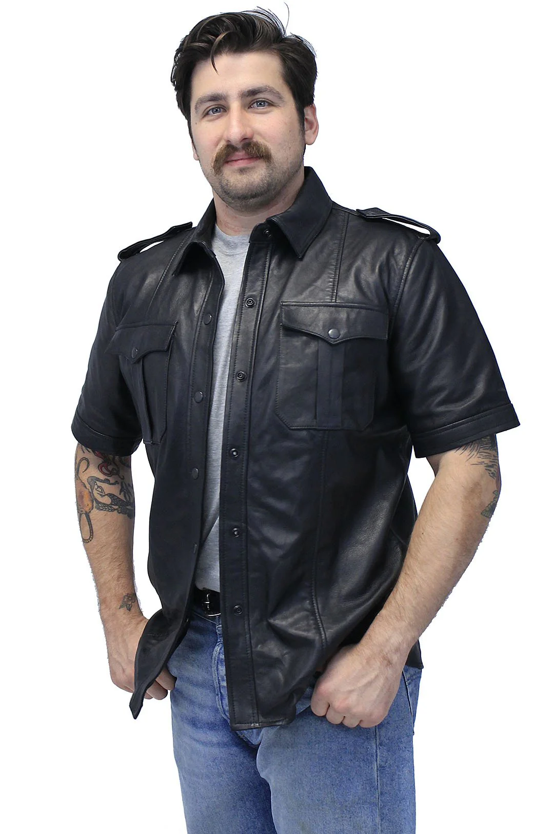 Lambskin Short Sleeve Uniform Leather Shirt #MS2300K - Image 7