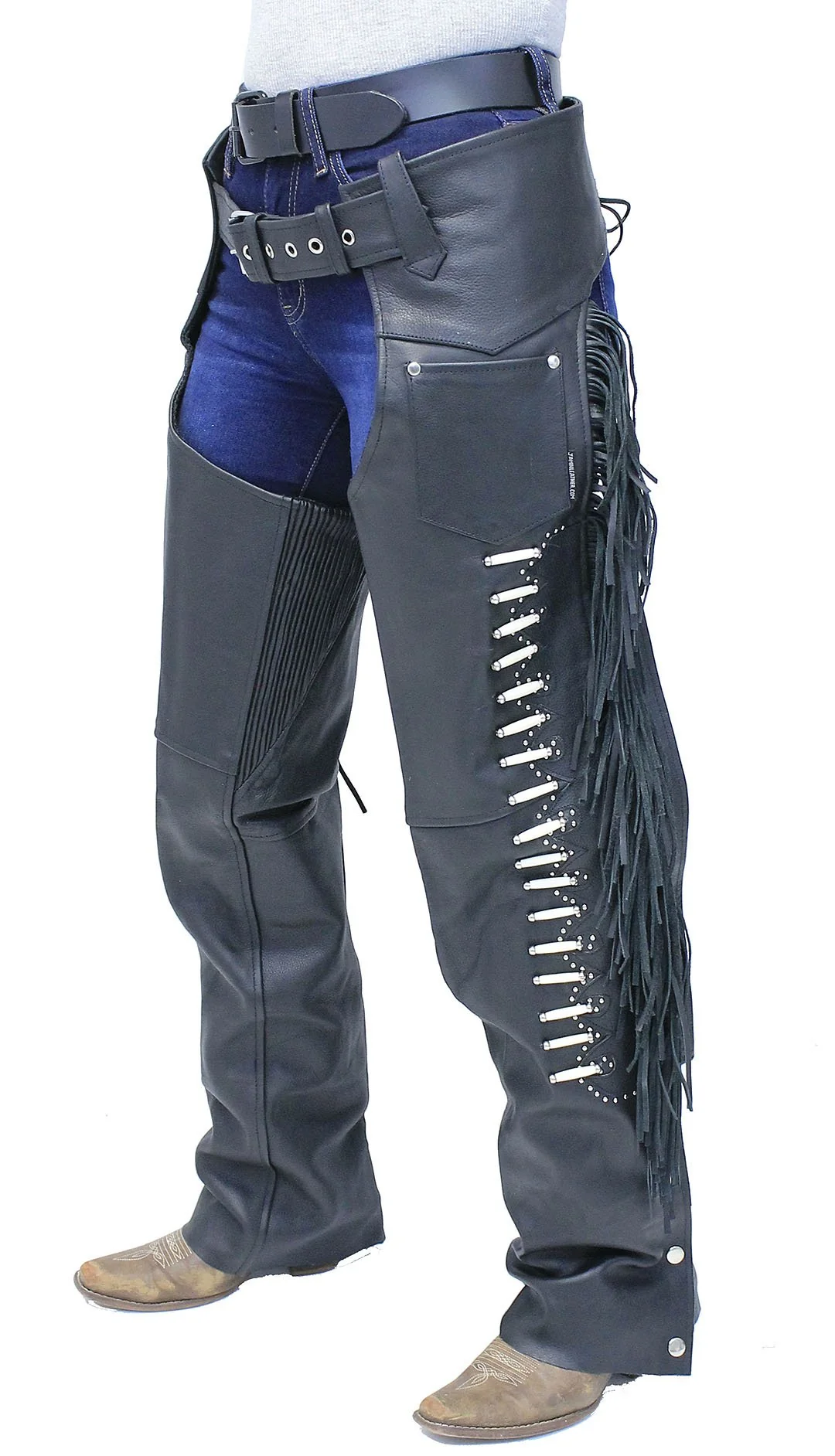 Premium Leather Chaps w/Bone Beading, Stretch Thighs & Fringe #C1730SFKK ()