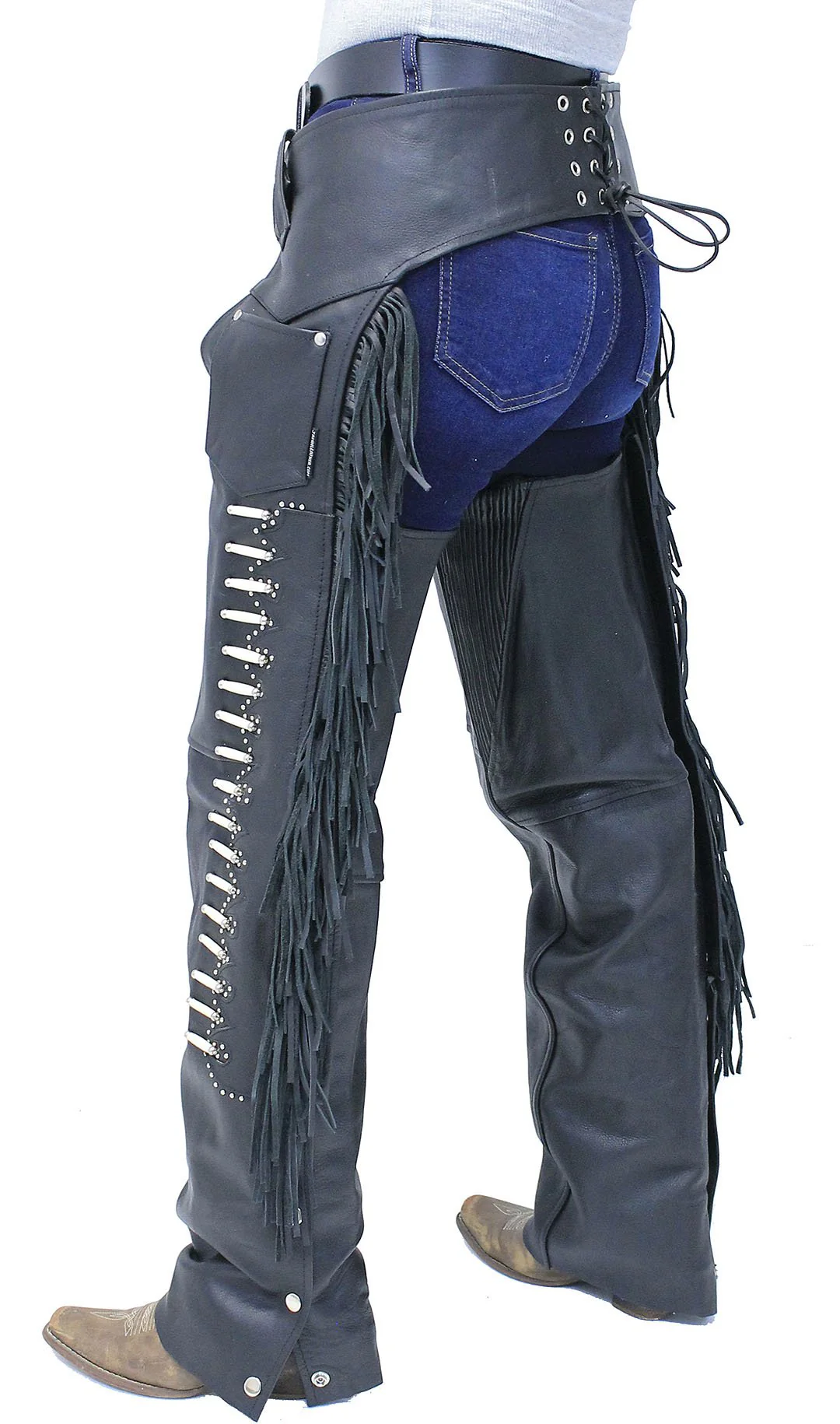 Premium Leather Chaps w/Bone Beading, Stretch Thighs & Fringe #C1730SFKK () - Image 2