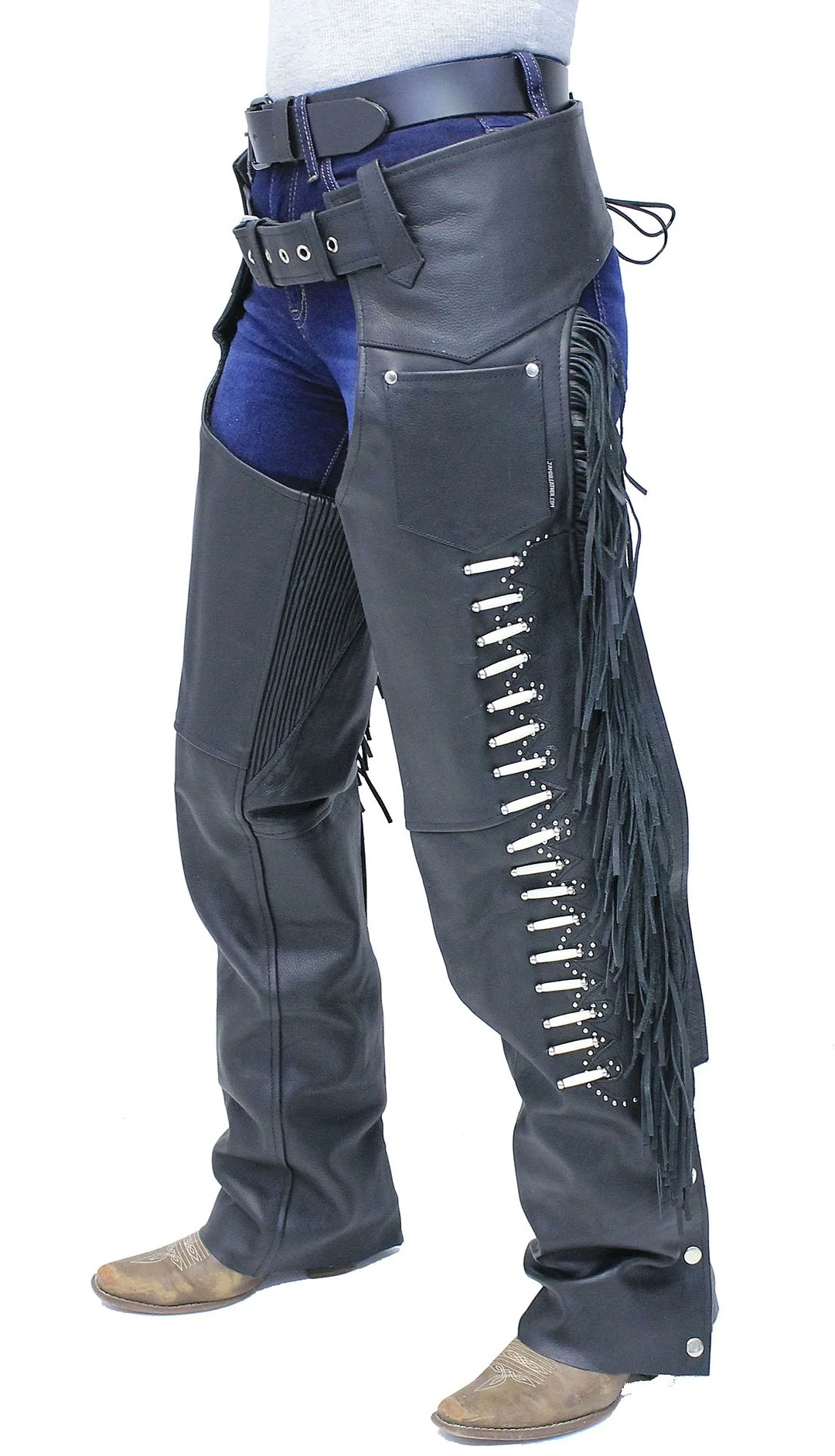 Premium Leather Chaps w/Bone Beading, Stretch Thighs & Fringe #C1730SFKK () - Image 3