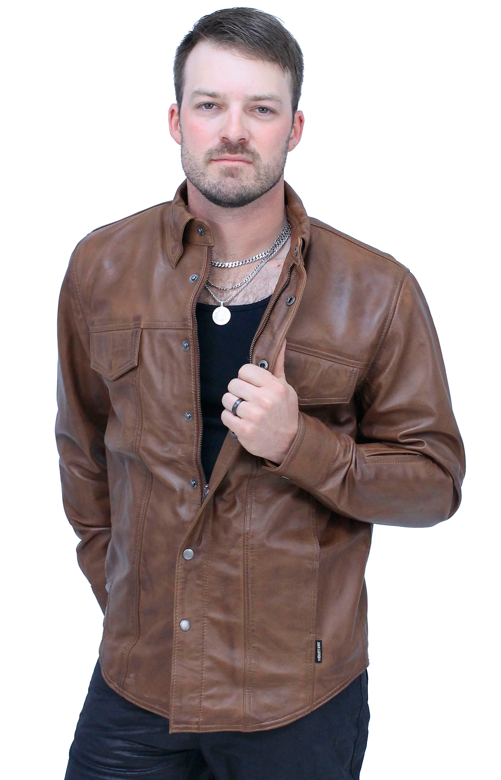 Men's Antiqued Brown Leather Shirt #MS24805GN - Image 5