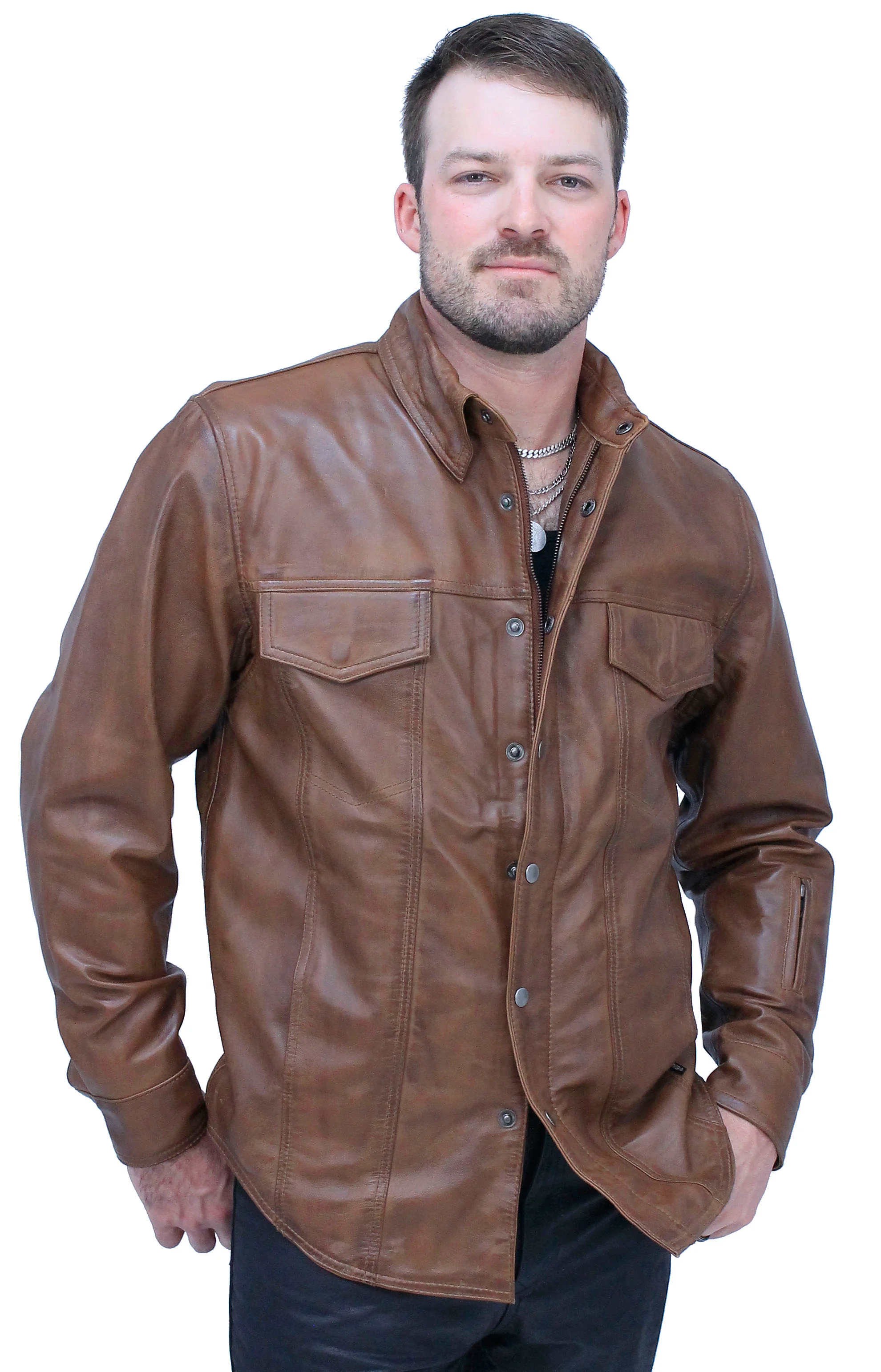 Men's Antiqued Brown Leather Shirt #MS24805GN - Image 6