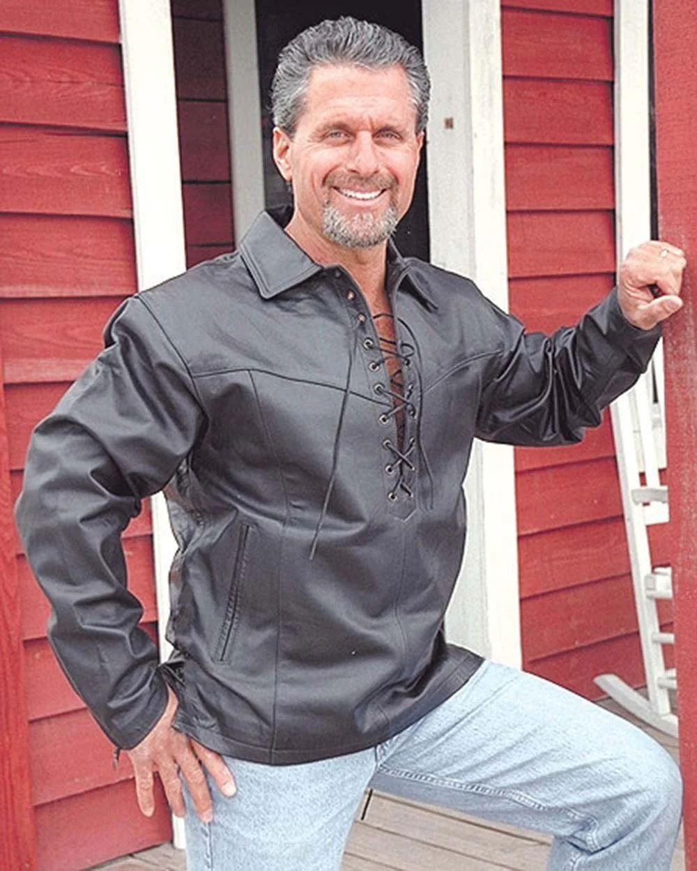 Black Leather Lace Up Pullover Shirt with Side Zippers #MS854LK () - Image 3