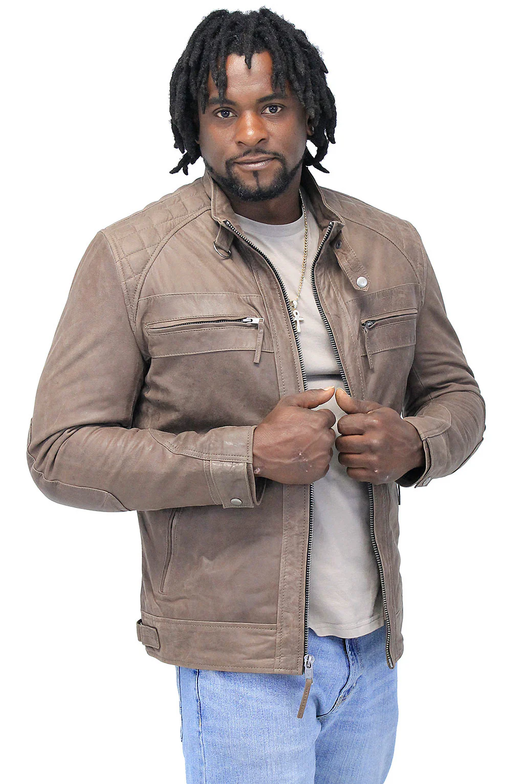 Men's Brown Lambskin Leather Jacket with Quilting #MA5501QN - Image 5