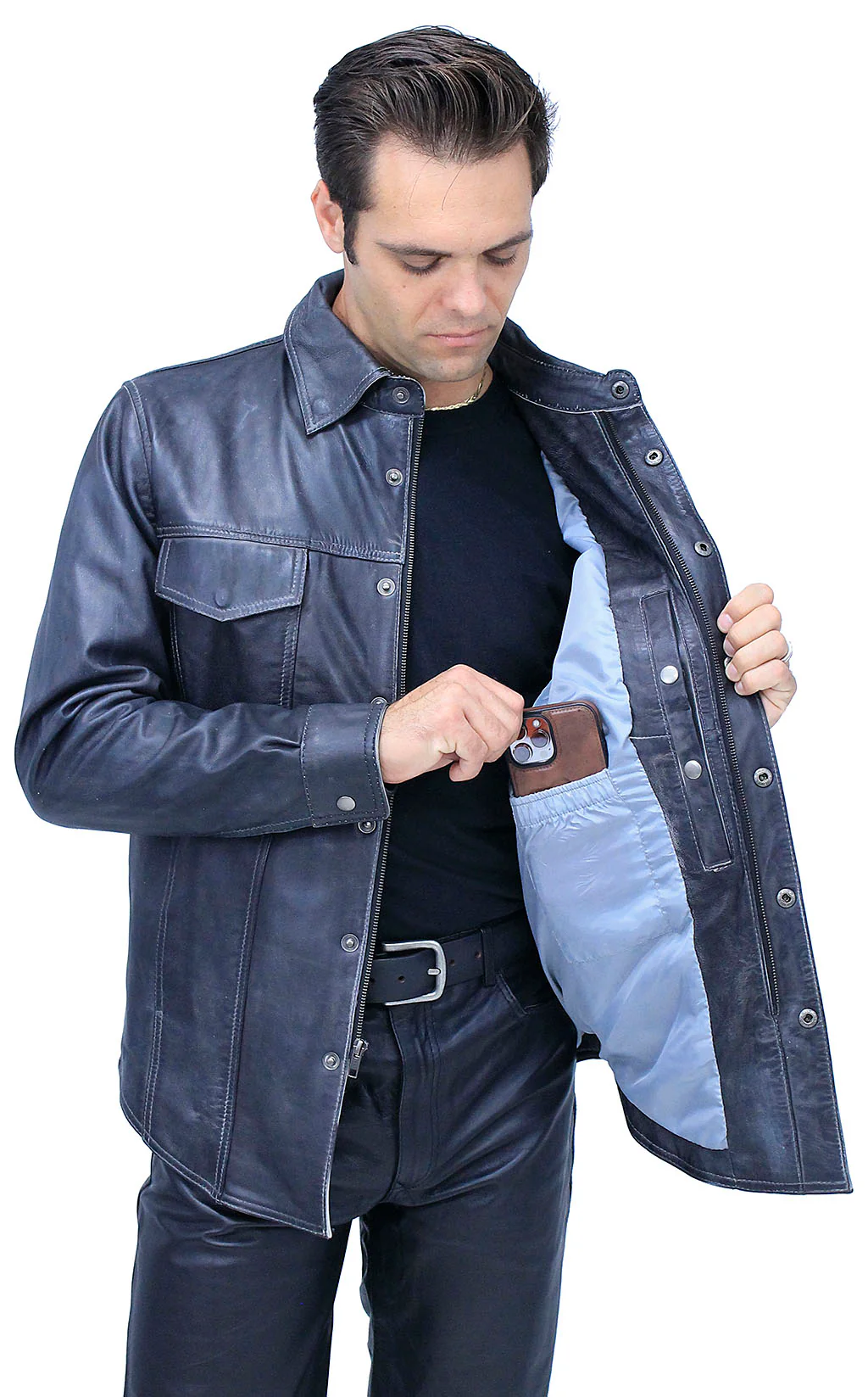 Men's Charcoal Gray Leather Shirt #MS24806GGY - Image 3