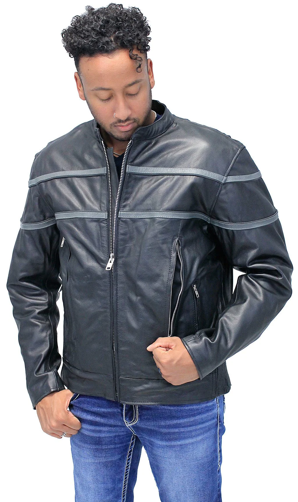 Men's Double Gray Stripe Vented Leather Jacket w/Reflector #M604918VZK - Image 5