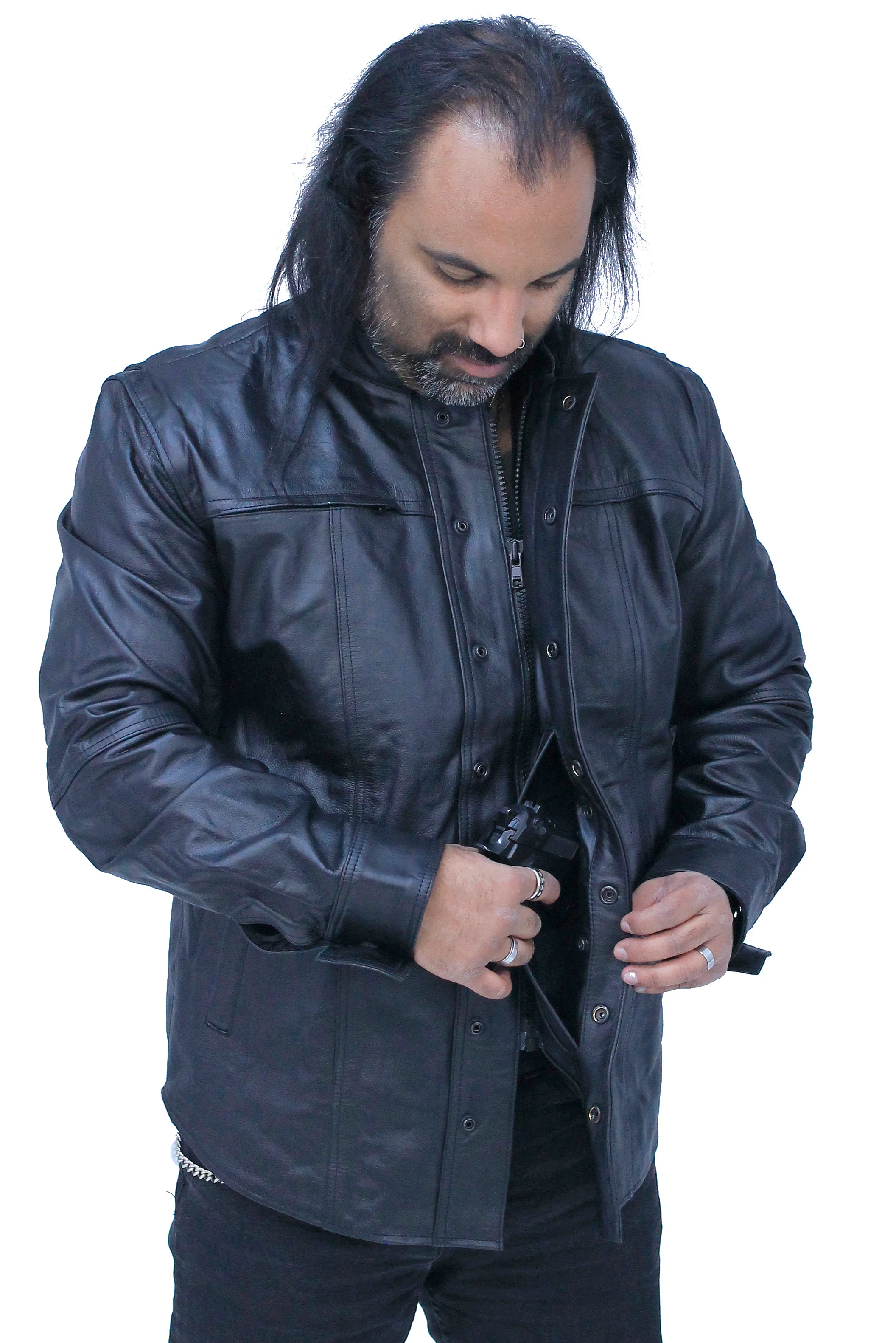 Men's Vented Black Leather Shirt w/Easy Access Pocket #MS22070VGK - Image 2