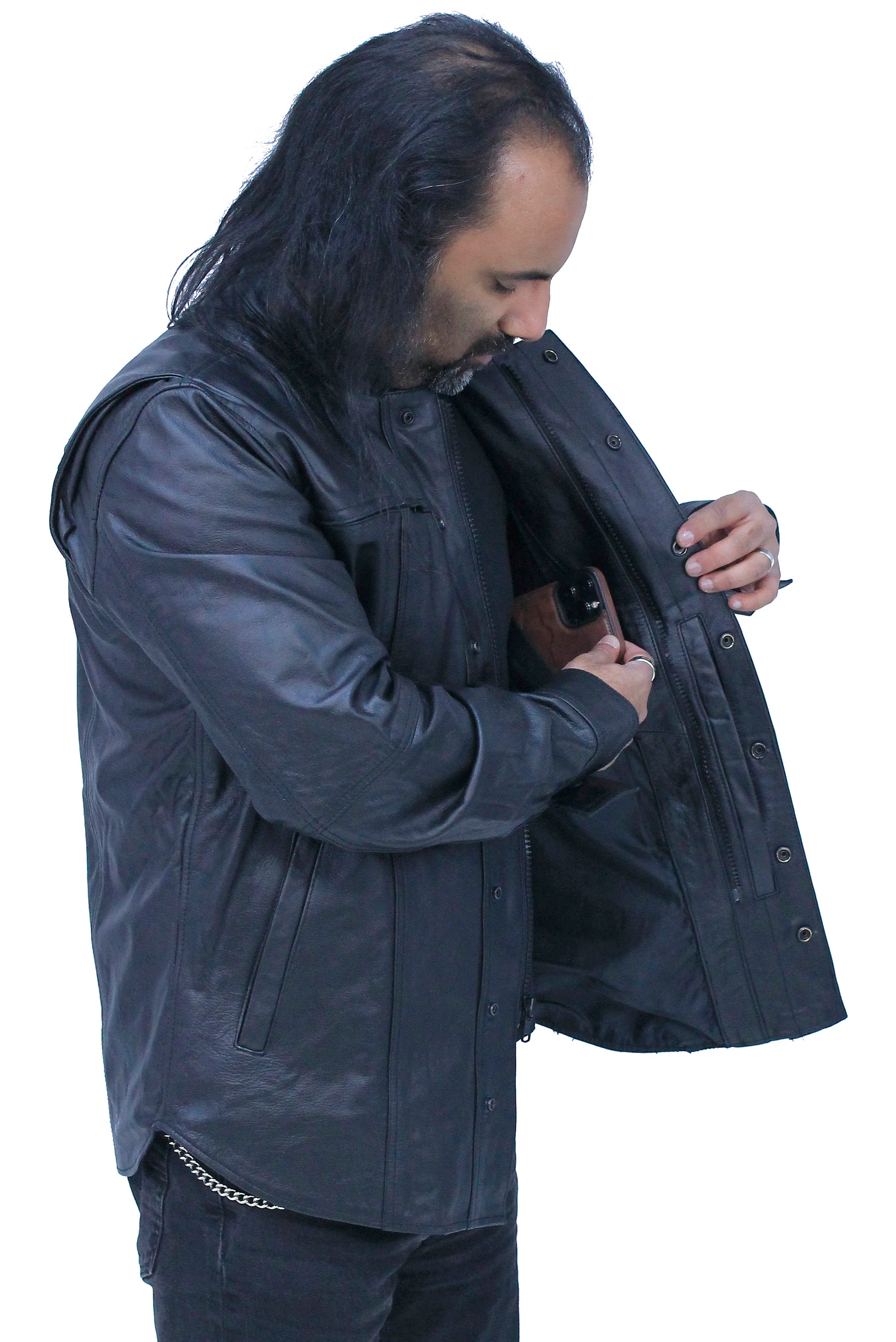 Men's Vented Black Leather Shirt w/Easy Access Pocket #MS22070VGK - Image 4