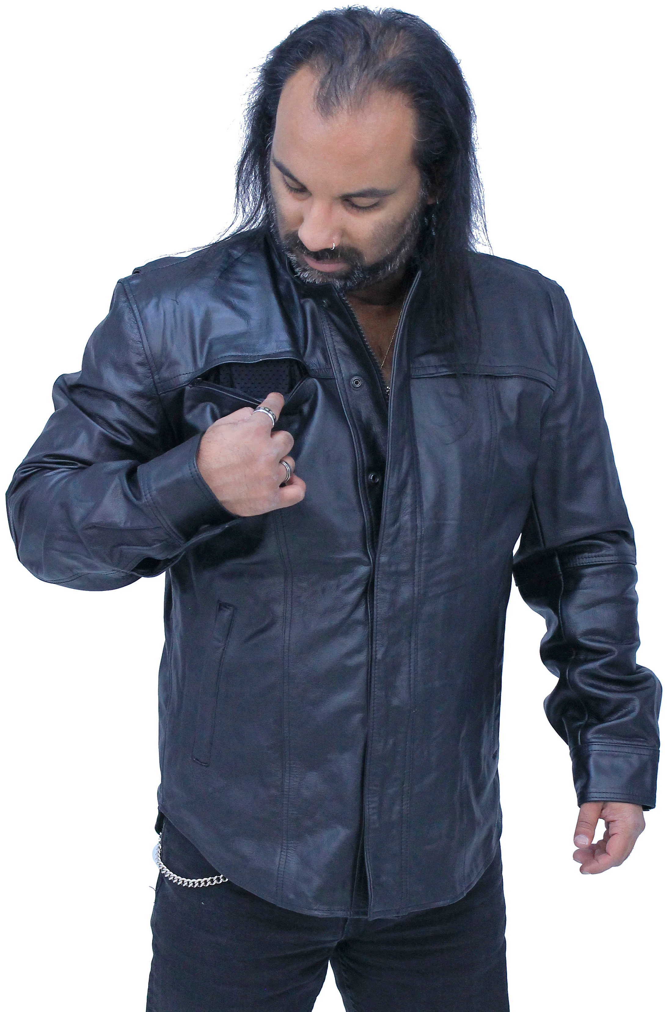 Men's Vented Black Leather Shirt w/Easy Access Pocket #MS22070VGK - Image 7