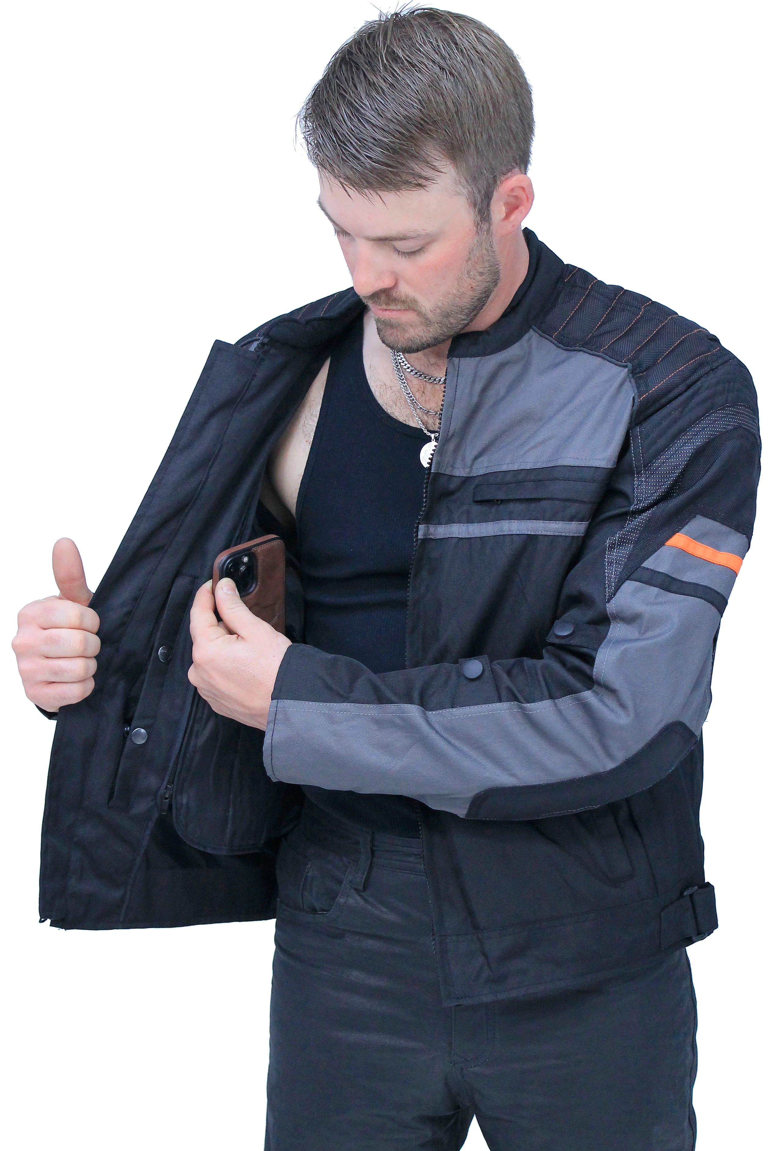 Men's Vented Gray Orange Textile Jacket with Armor #MC360316AZV - Image 6