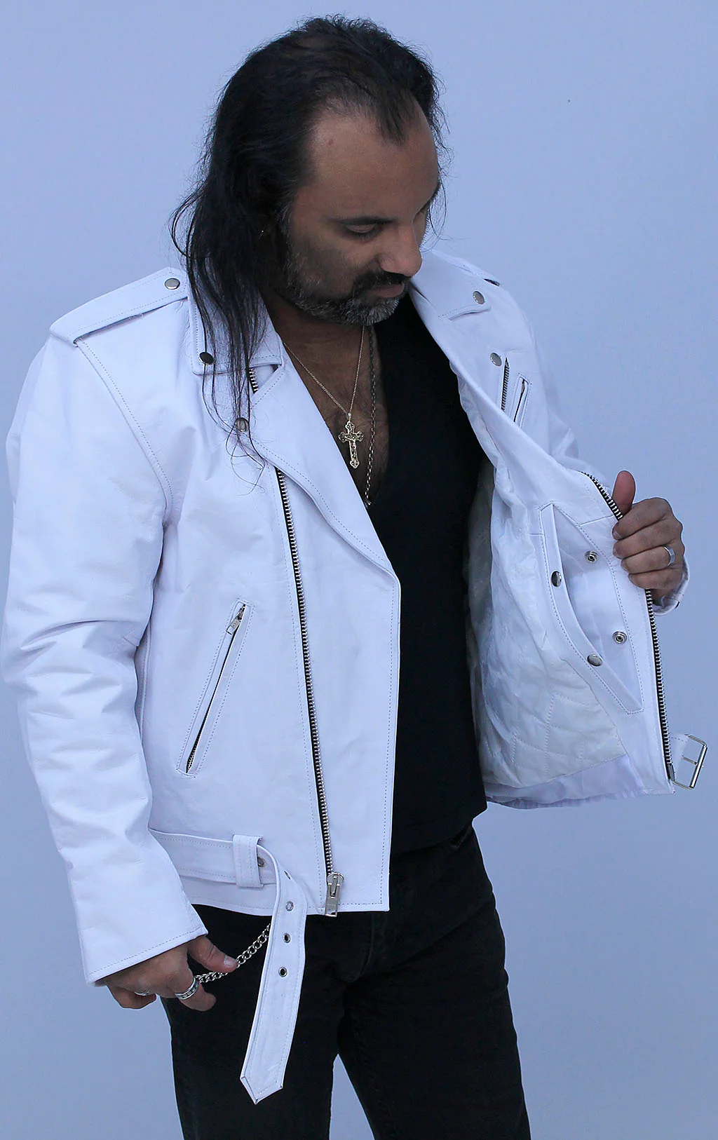 Men's White Leather Motorcycle Jacket w/Concealed Pocket #M111GW - Image 5