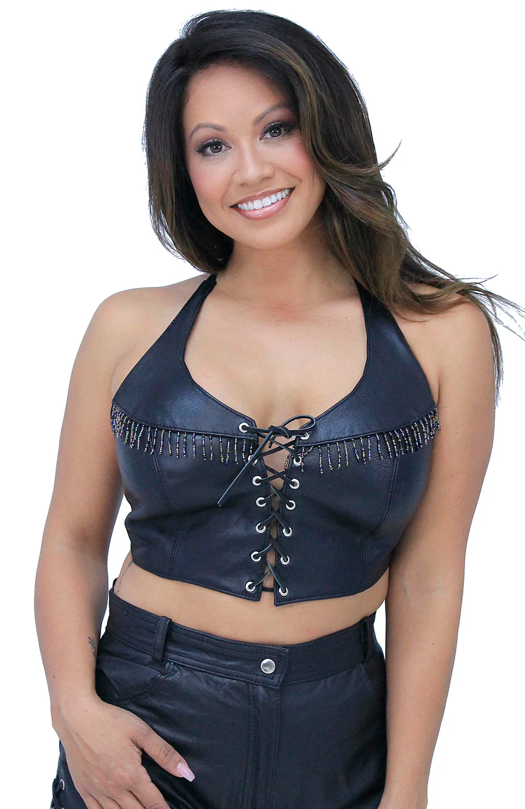 Mini Bead Fringe Lace-Up Long Halter #LH60723BDK