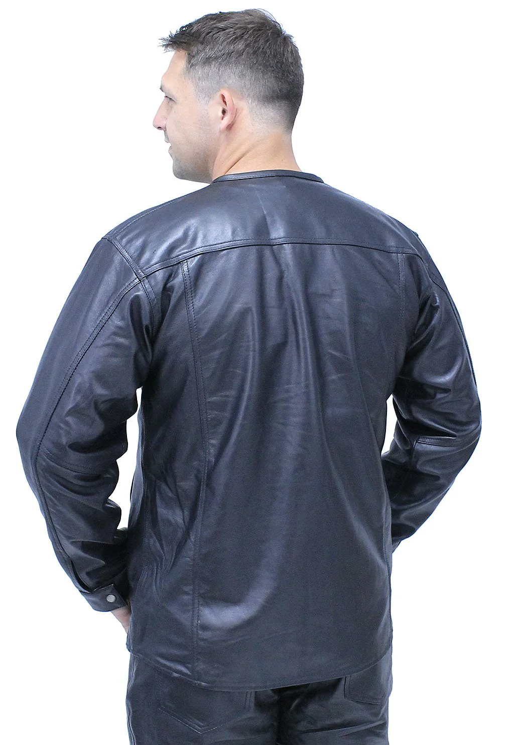 No Collar Men's Lightweight Leather Shirt #MS442K - Image 2