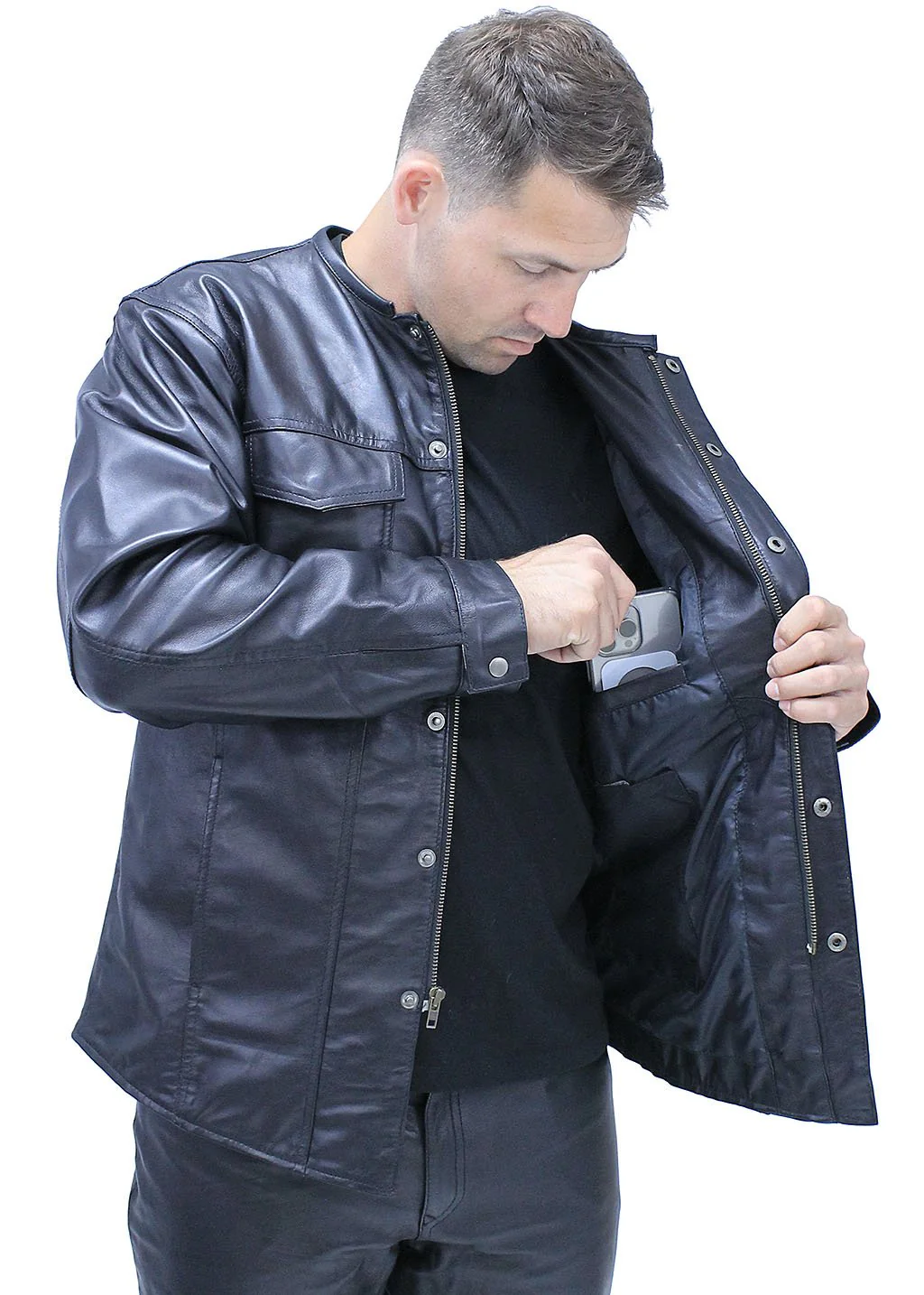 No Collar Men's Lightweight Leather Shirt #MS442K - Image 4