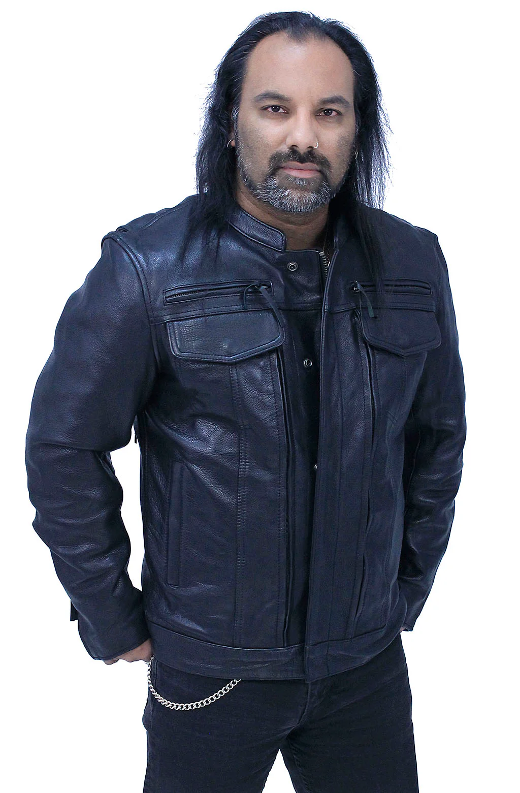No Collar Men's Vented Concealed Pocket Motorcycle Jacket #M263GVZK - Image 3