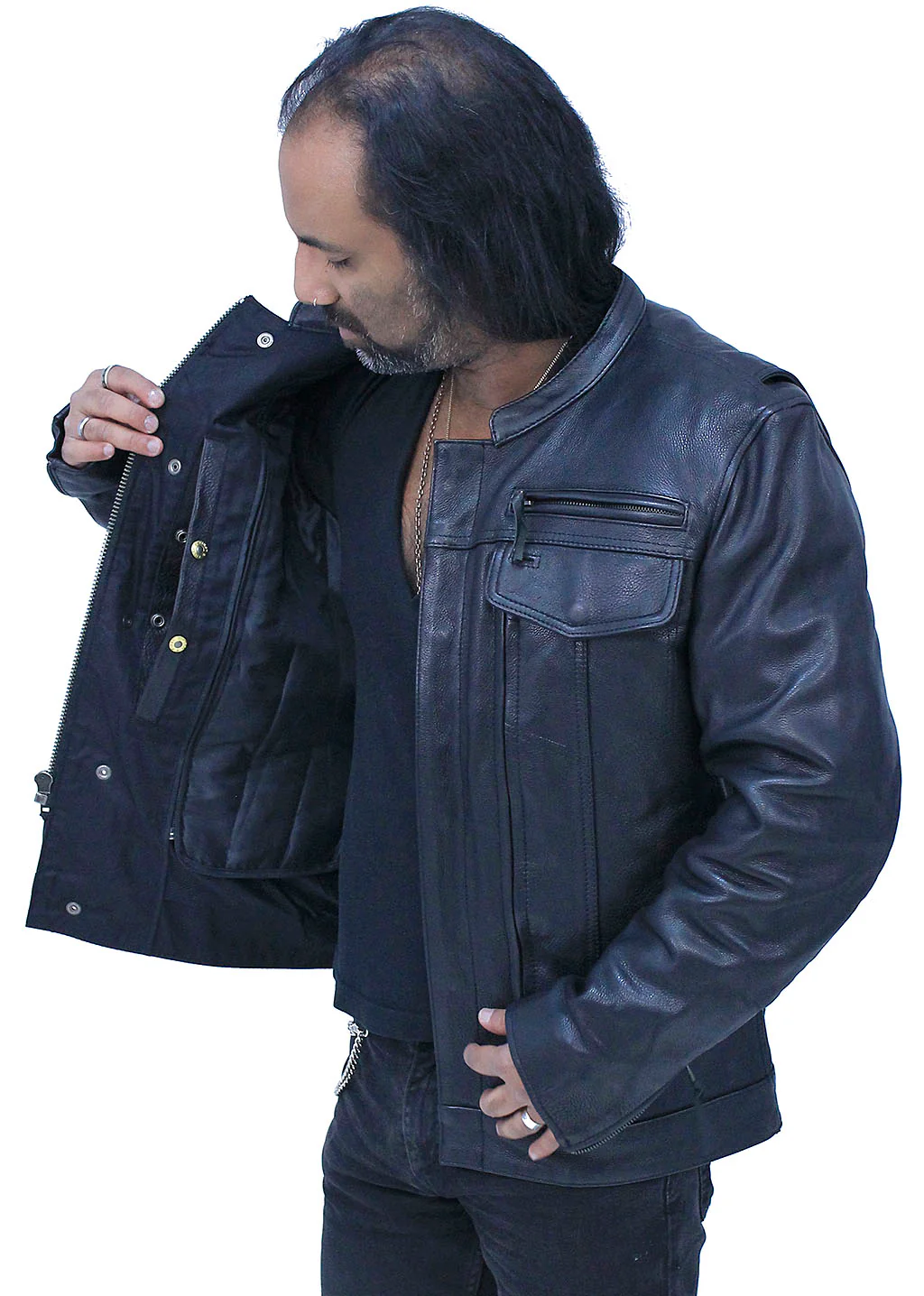 No Collar Men's Vented Concealed Pocket Motorcycle Jacket #M263GVZK - Image 4