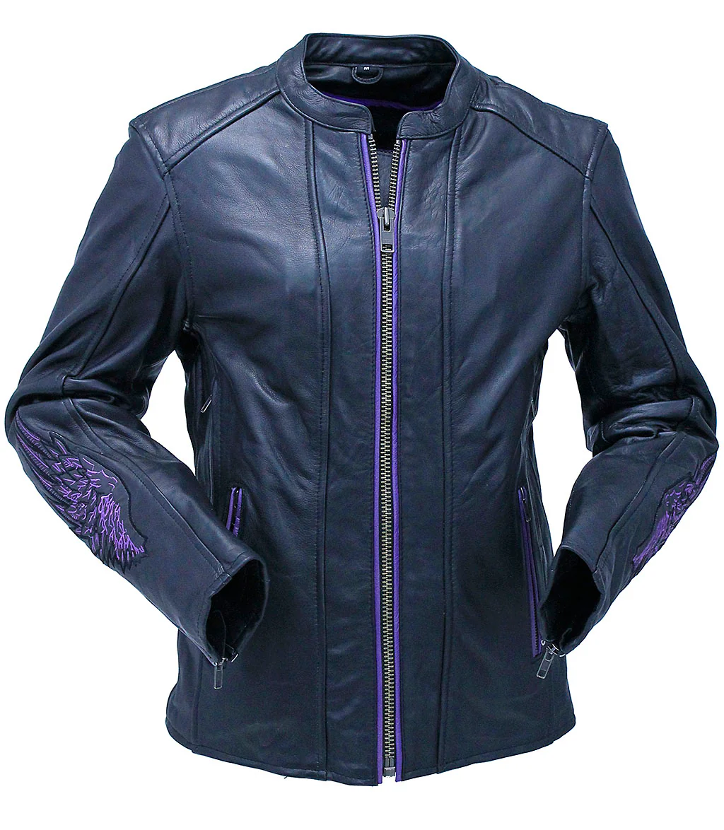 Purple Winged Heart Leather Vented Motorcycle Jacket #L695417VGPU - Image 2