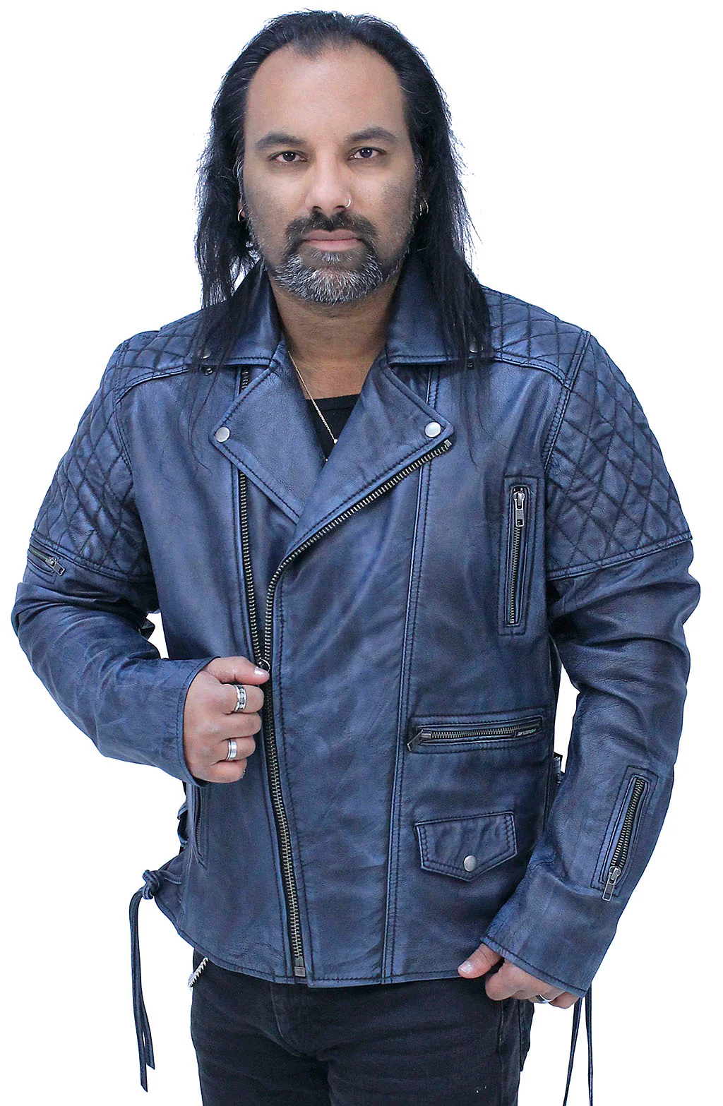 Quilted Blue Distressed Leather MC Jacket CC Pockets #MA2024QGU