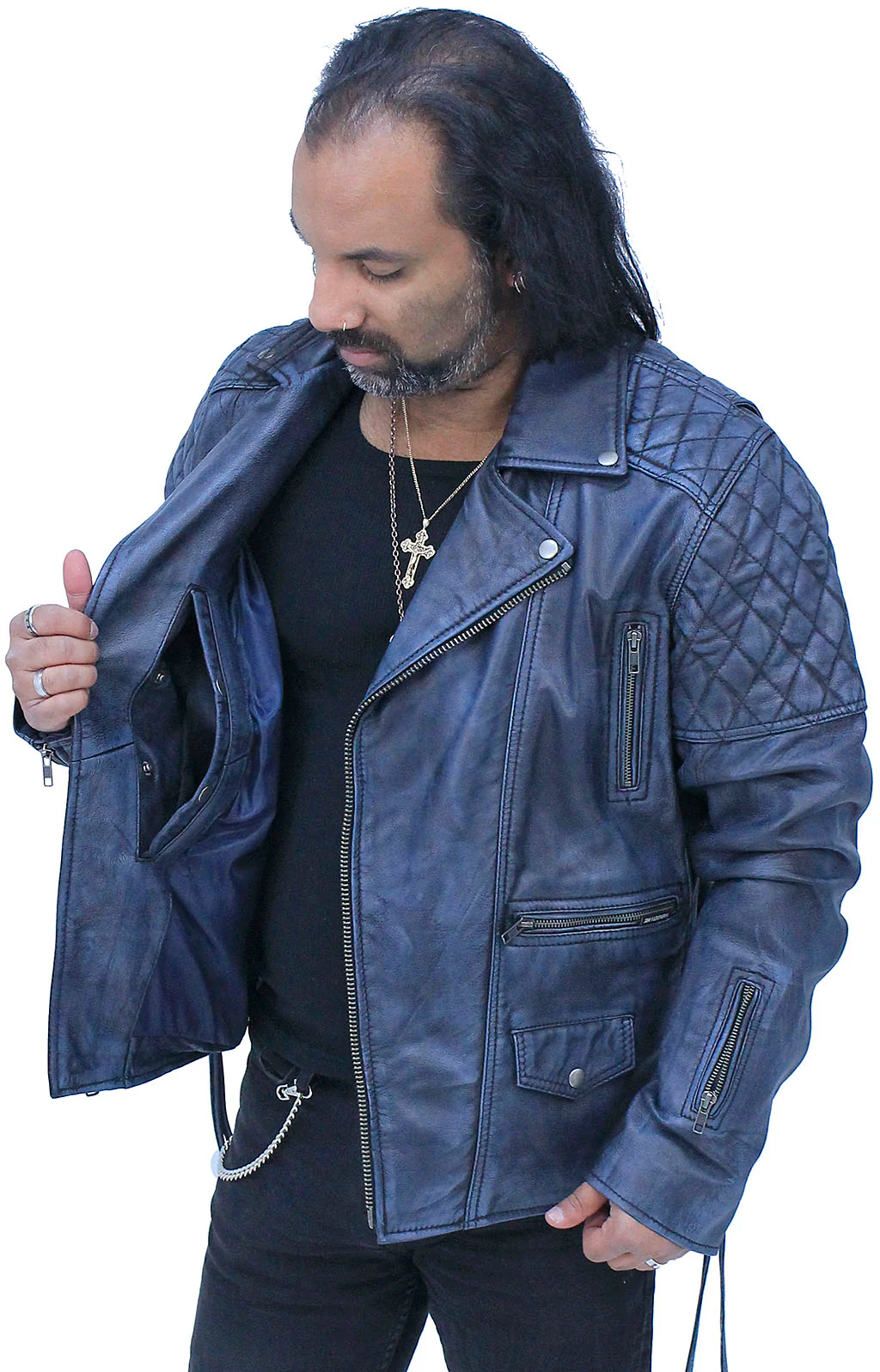 Quilted Blue Distressed Leather MC Jacket CC Pockets #MA2024QGU - Image 6