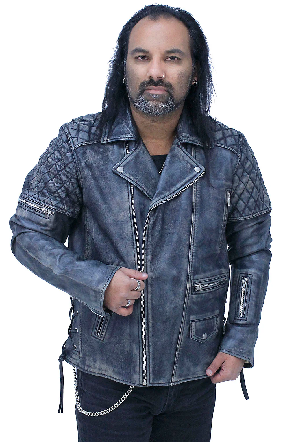 Quilted Taupe/Black Distressed Leather MC Jacket CC Pockets #MA2023QGK