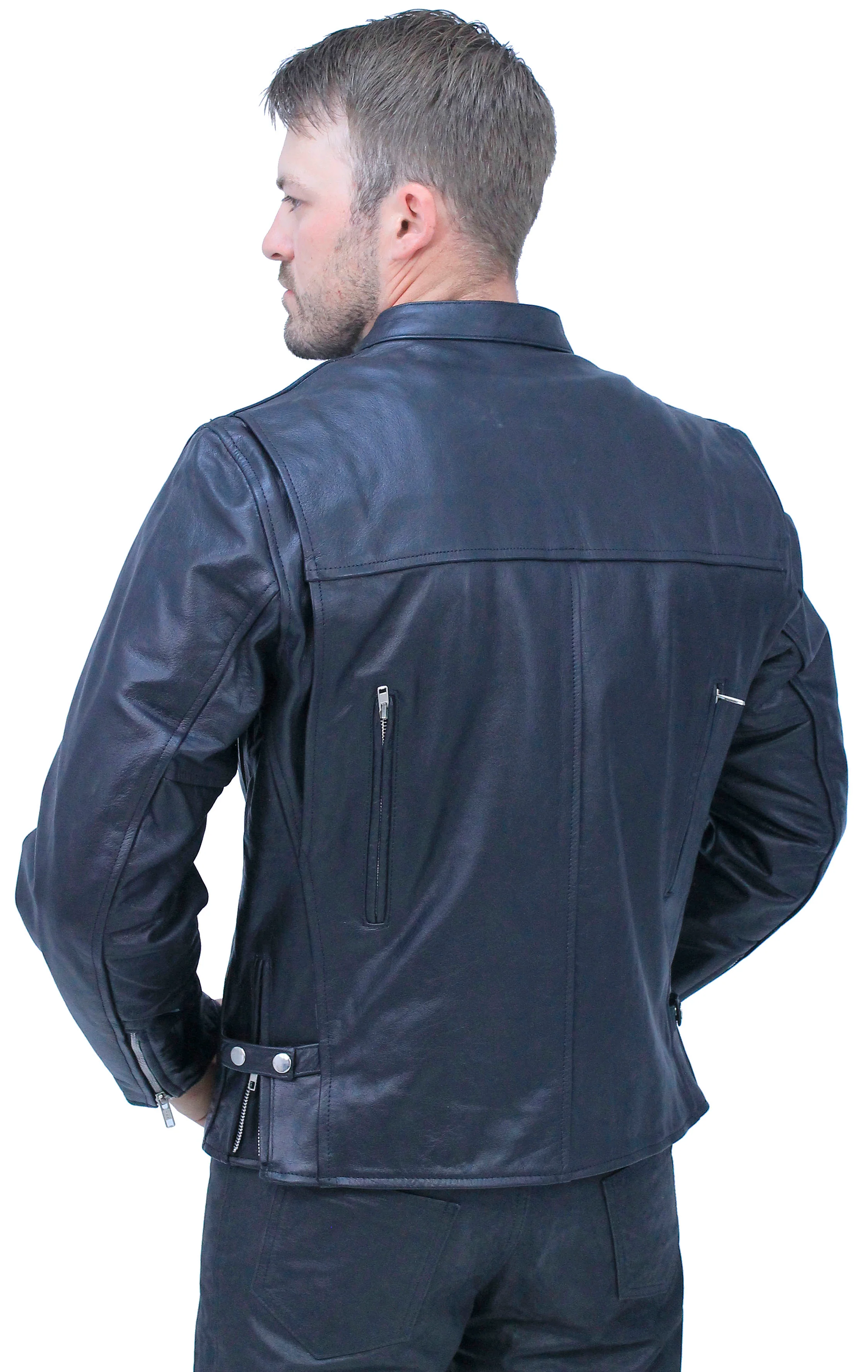 Vented Cafe' Racer Concealed Pocket Leather Jacket #M5020VZK - Image 3