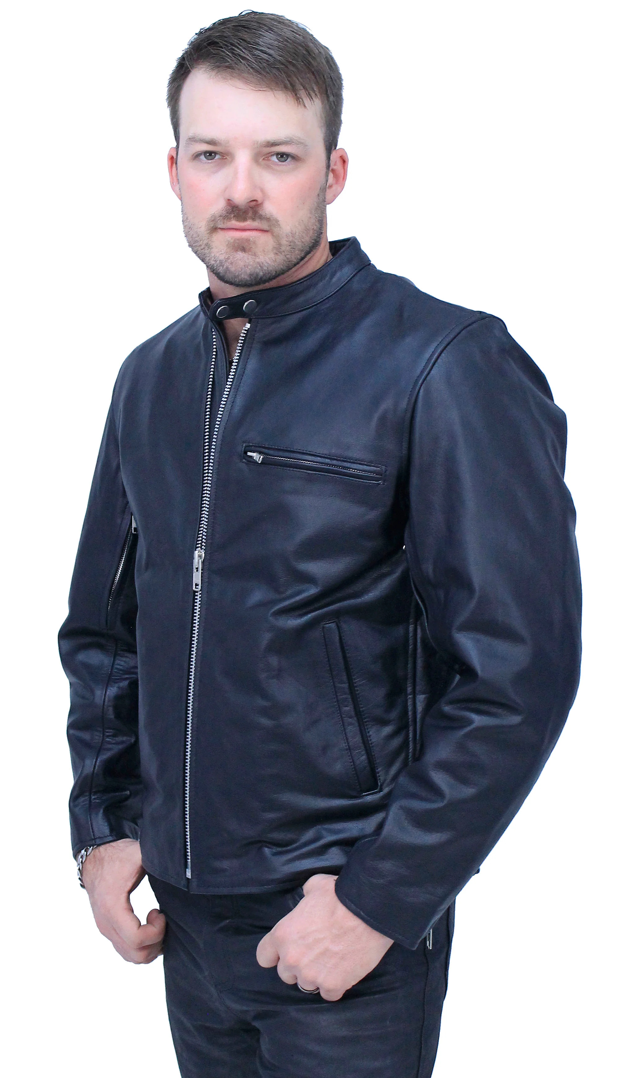Vented Cafe' Racer Concealed Pocket Leather Jacket #M5020VZK - Image 7