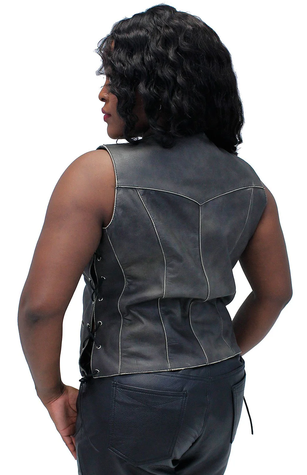 Vintage Brown Leather Vest for Women w/Side Lacing #VLA516LDN () - Image 2