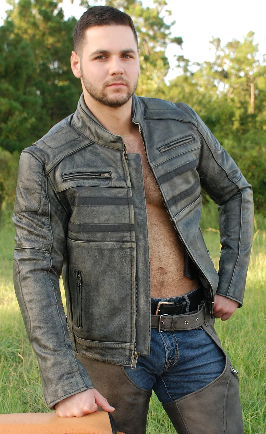 Vintage Gray Leather Motorcycle Jacket with Venting #M6621VGGY - Image 5