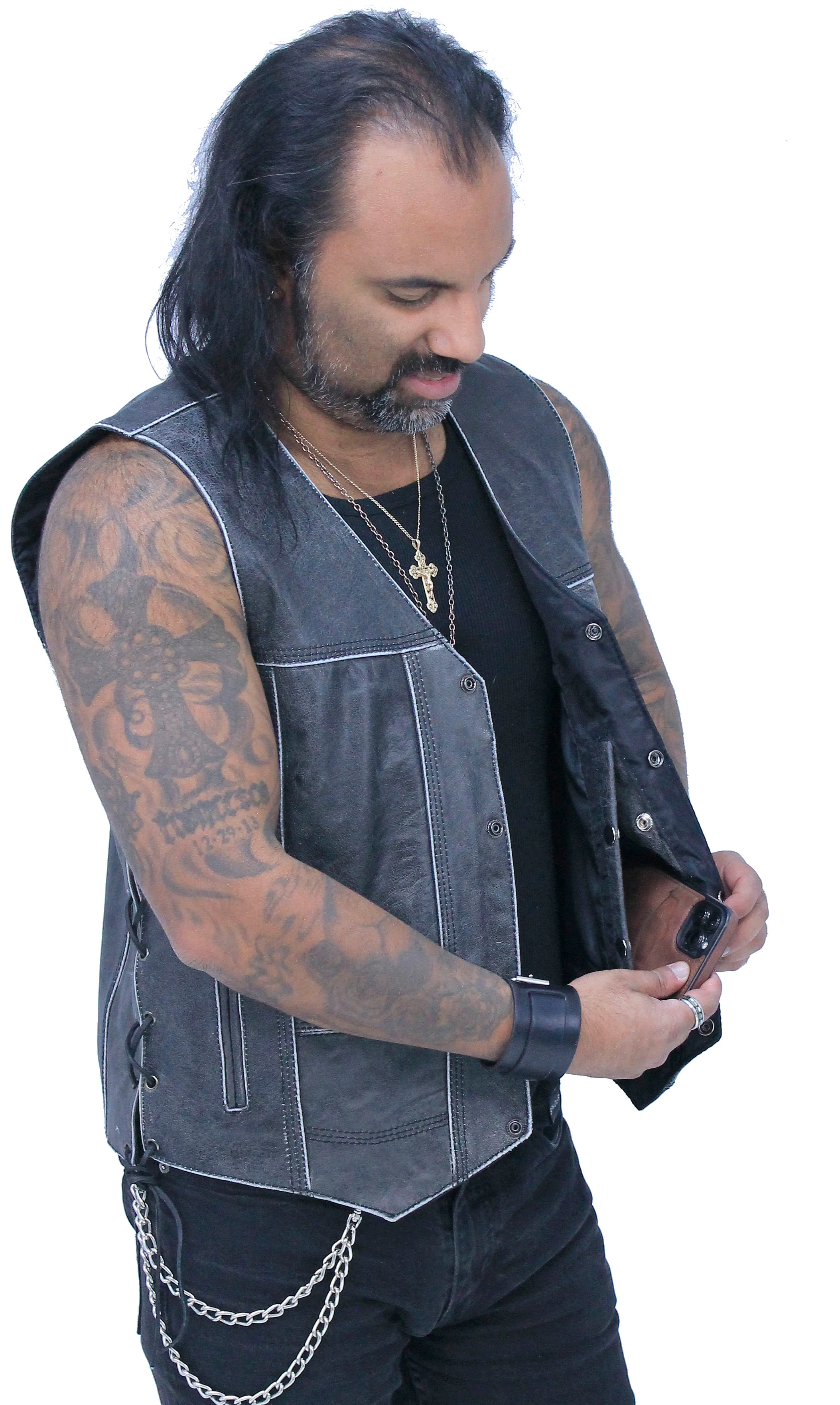 Vintage Gray Leather Side Lace 10 Pocket Vest #VMA964GLGY - Image 2