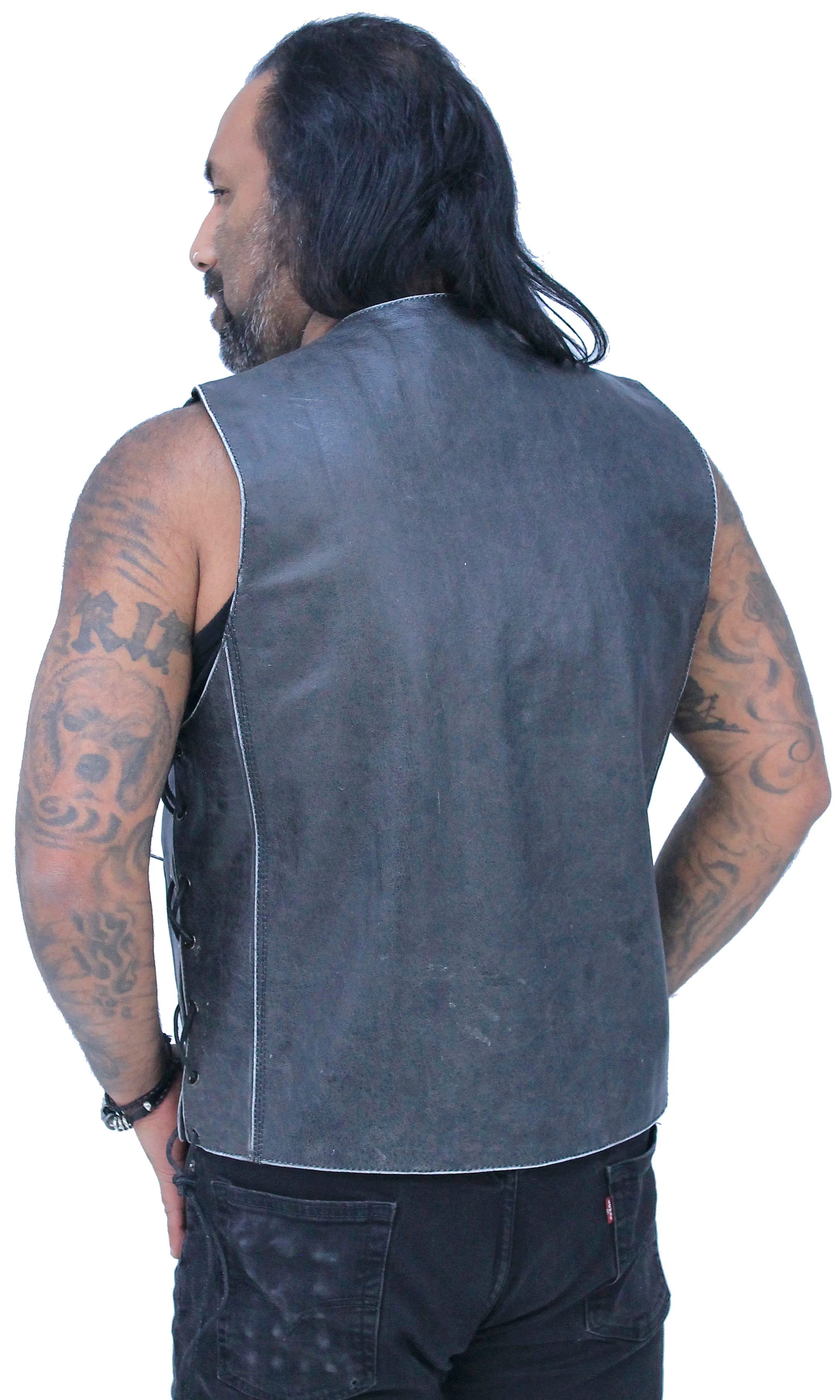 Vintage Gray Leather Side Lace 10 Pocket Vest #VMA964GLGY - Image 5