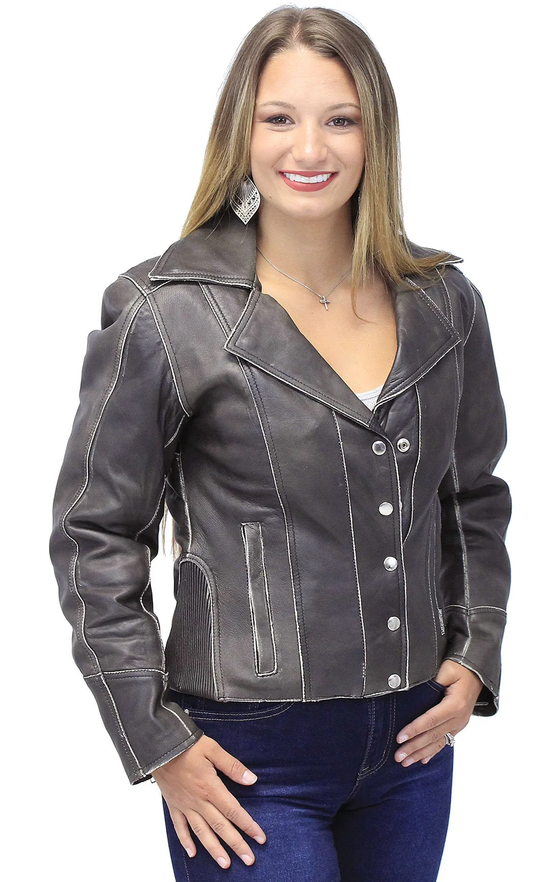 Vintage Leather Motorcycle Jacket for Women #LA4040ZRDN (M-3X) - Image 3