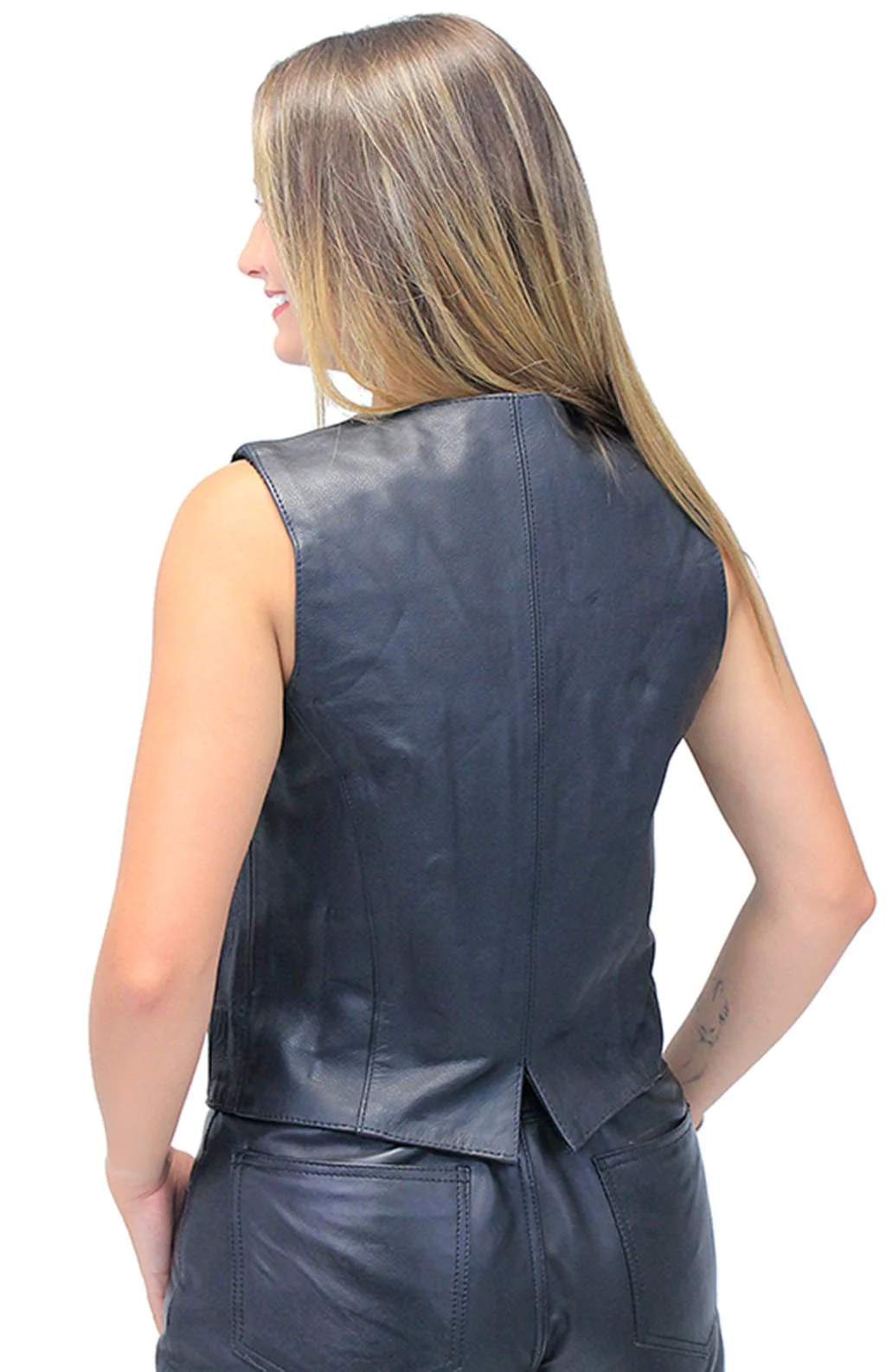 Women's Black Leather Vest with Concealed Pockets #VL2658GK - Image 2