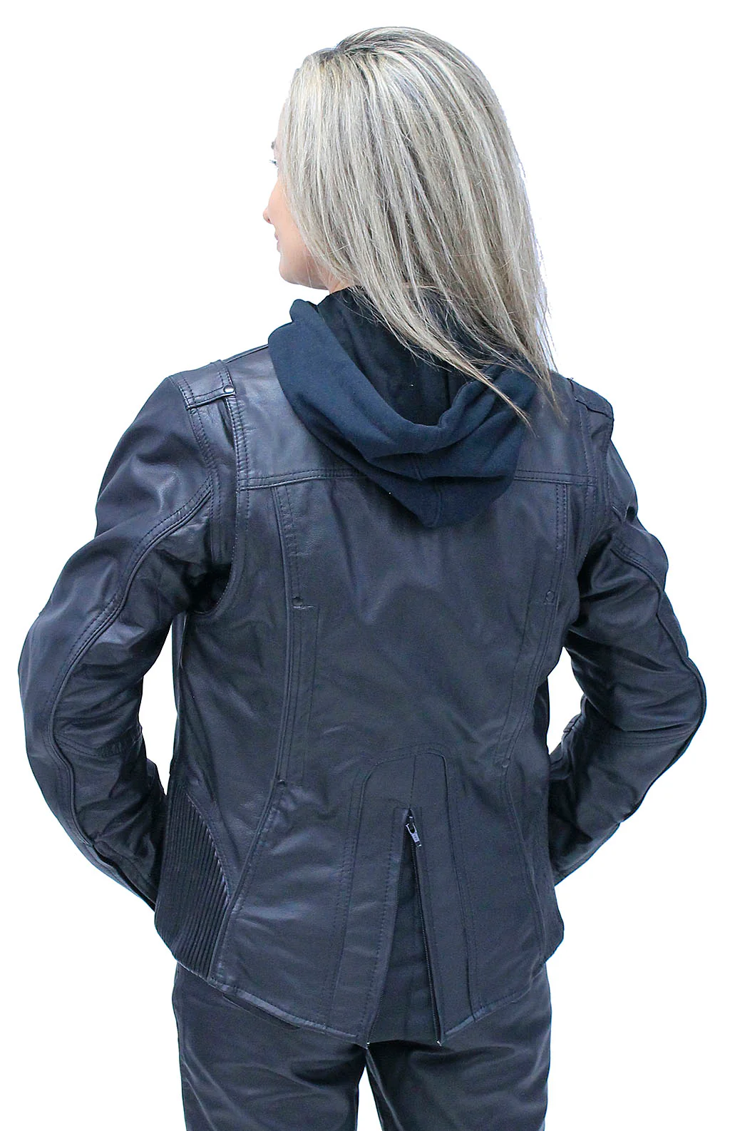 Women's Black Vented Leather Jacket w/Hoodie #L6953HVZRK - Image 2