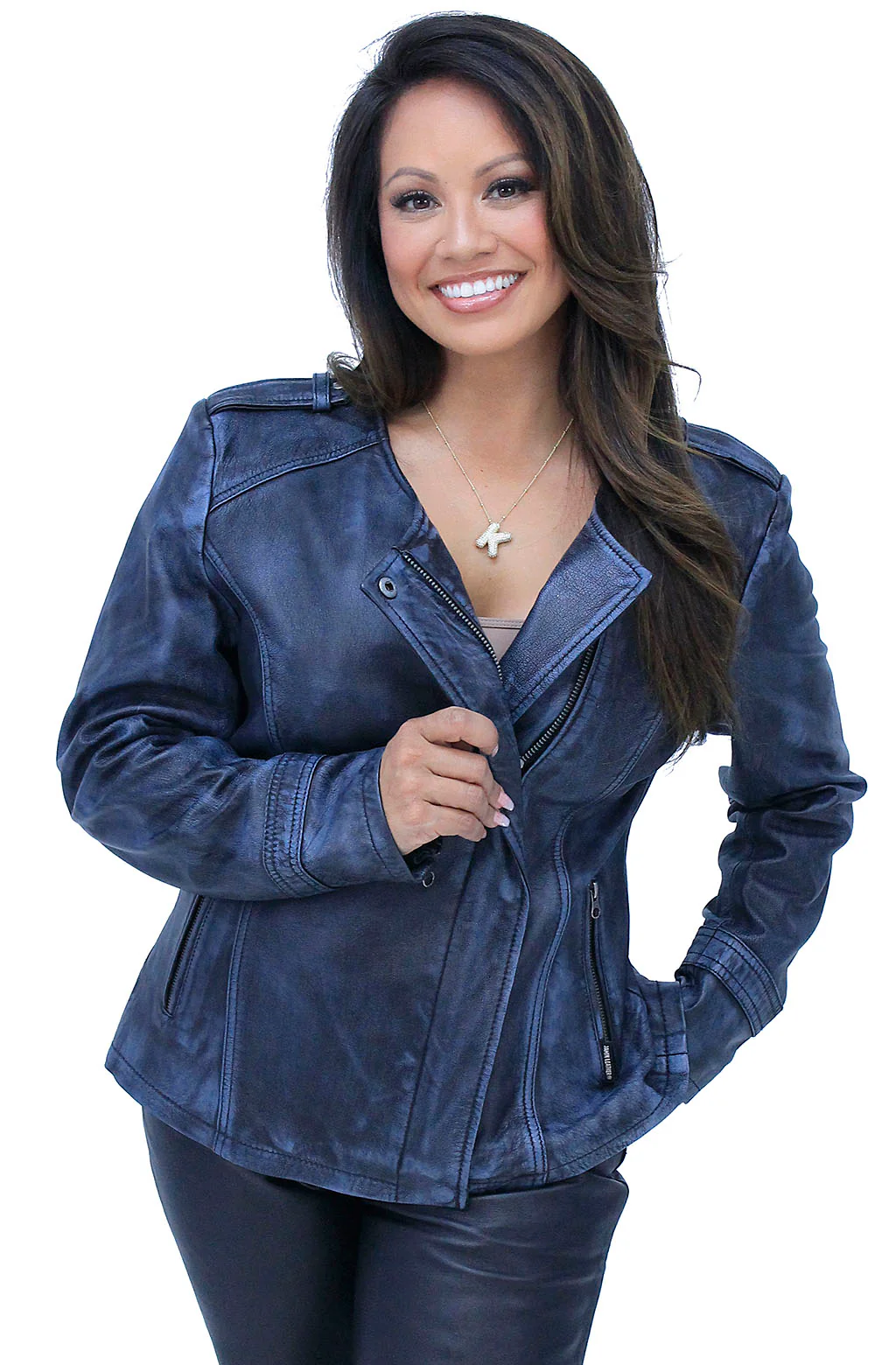 Women's Blue Beauty Leather Jacket CC Pocket #LA60624GU - Image 3