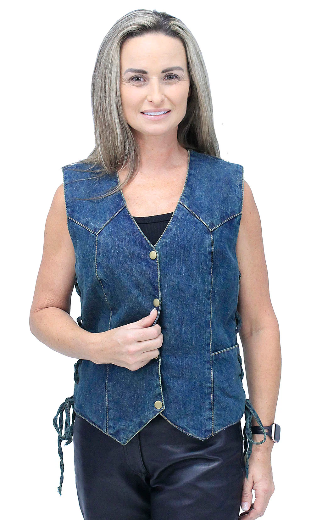 Women's Blue Denim Side Lace Biker Vest #VLC40012LU - Image 4