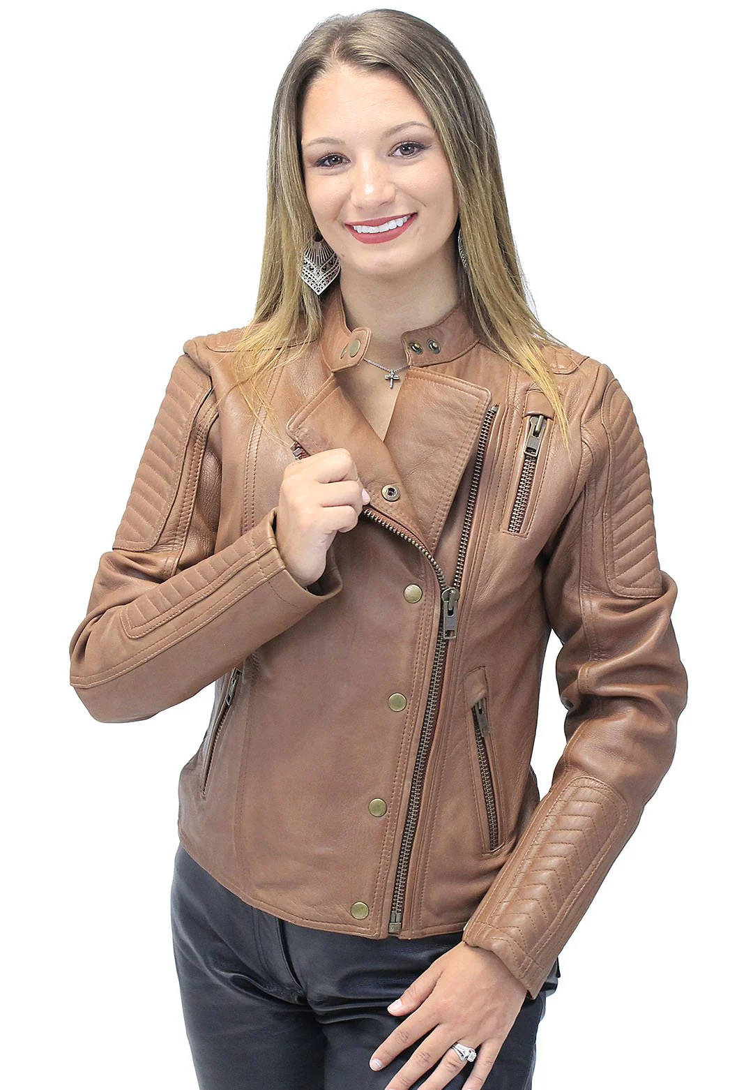 Women's Soft Brown Lambskin Zip Snap Motorcycle Jacket #L1587N  (S-5X) - Image 5