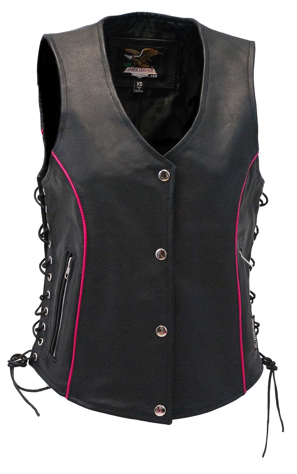 Women's Hot Pink Piping Side Lace Leather Concealed Pocket Vest #VL68502GHP (XS-S) - Image 3