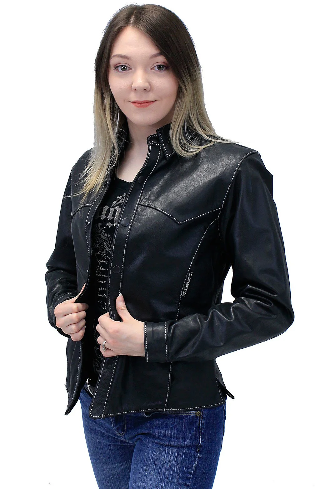 Women's Lightweight Premium Leather Shirt Jacket w/White Stitching #LS431GWK (S-M)
